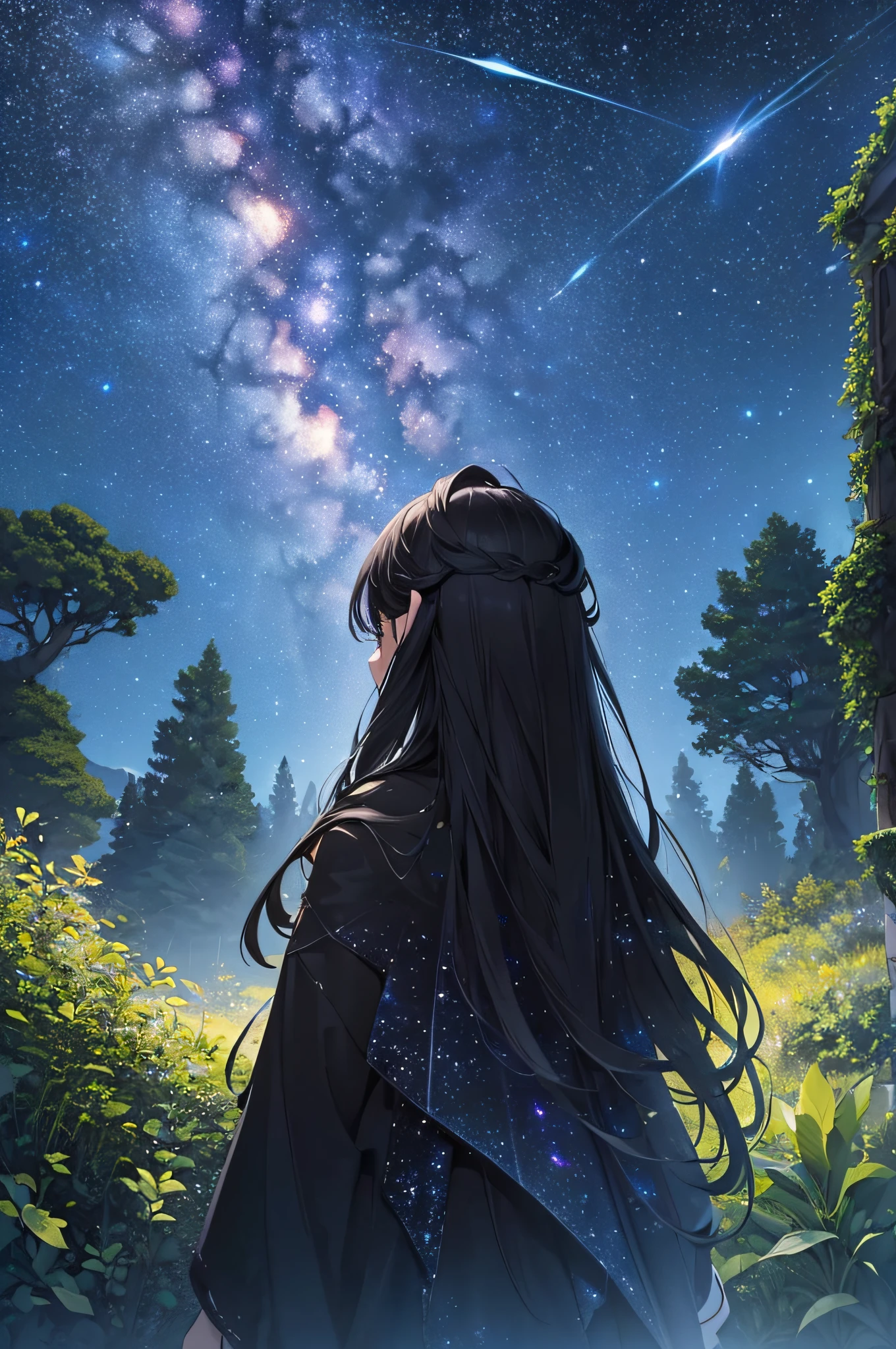 masterpiece、Background with((Fantastic starry sky、meteors、black hole))、Depth((Huge fantastic tree、Luminescent vegetation))、a beauty girl、doress、heavy wind