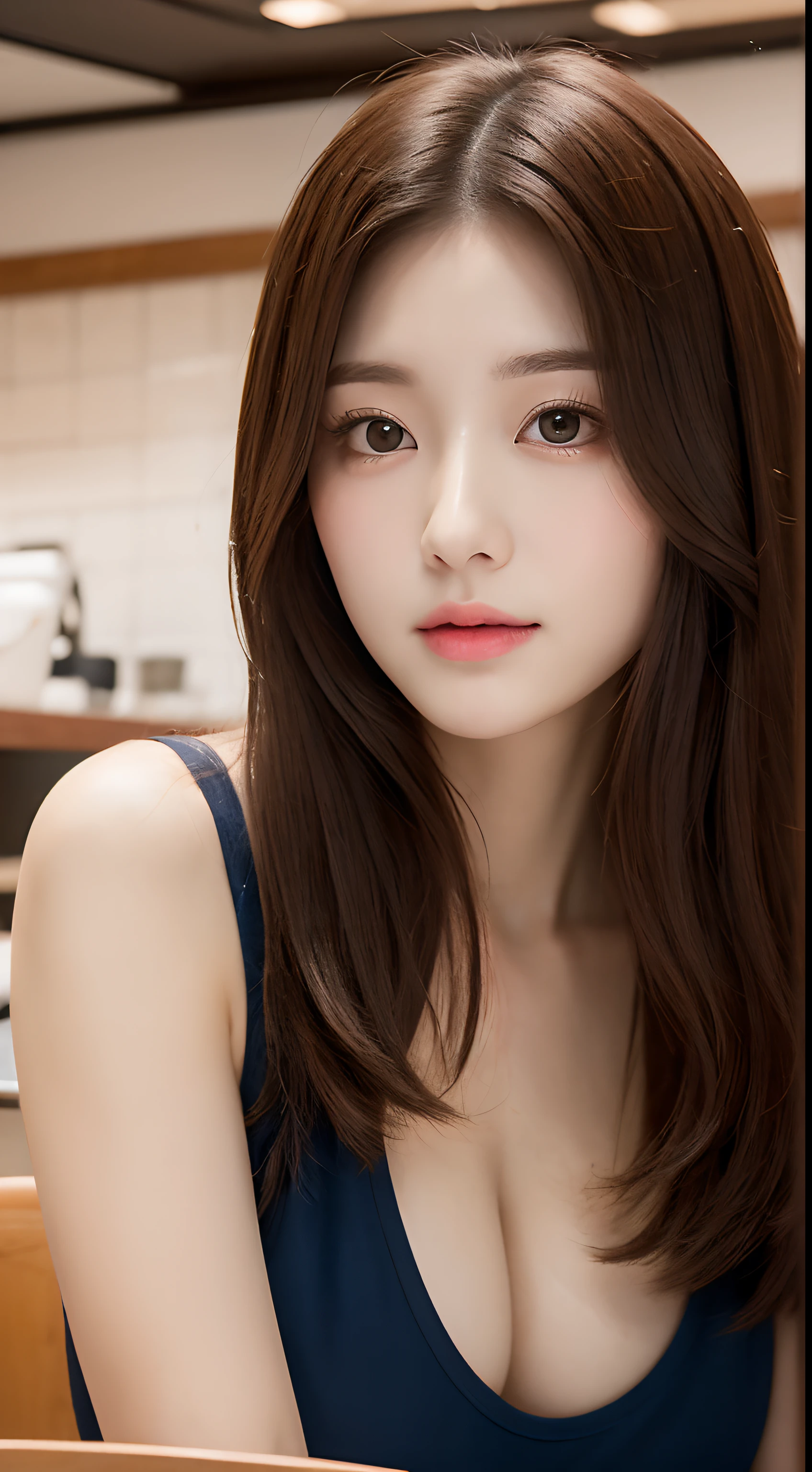 Realistic photos of (1 cute Korean star) medium hair, thin makeup, 32 inch breasts size, wearing dress, sitting in coffee shop, close-up portrait, UHD