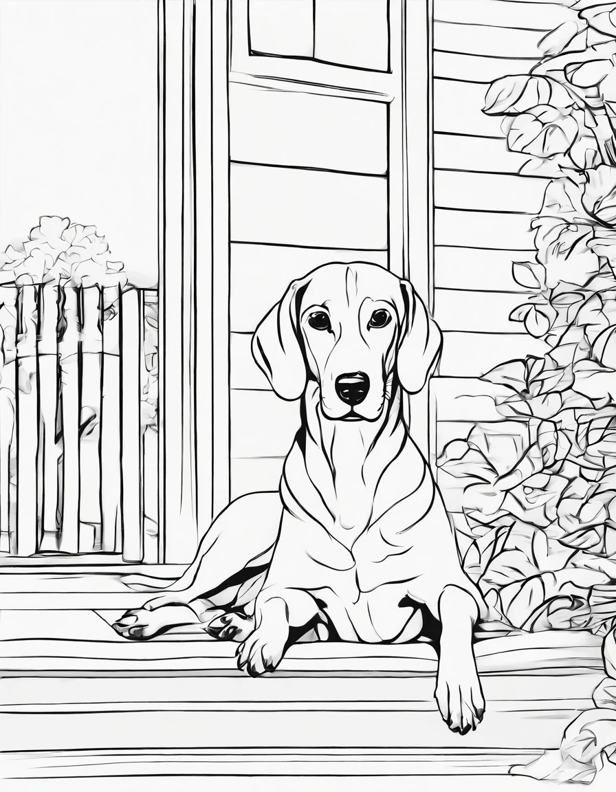 Dashshund laying on the porch, for coloring page, high quality, black and white