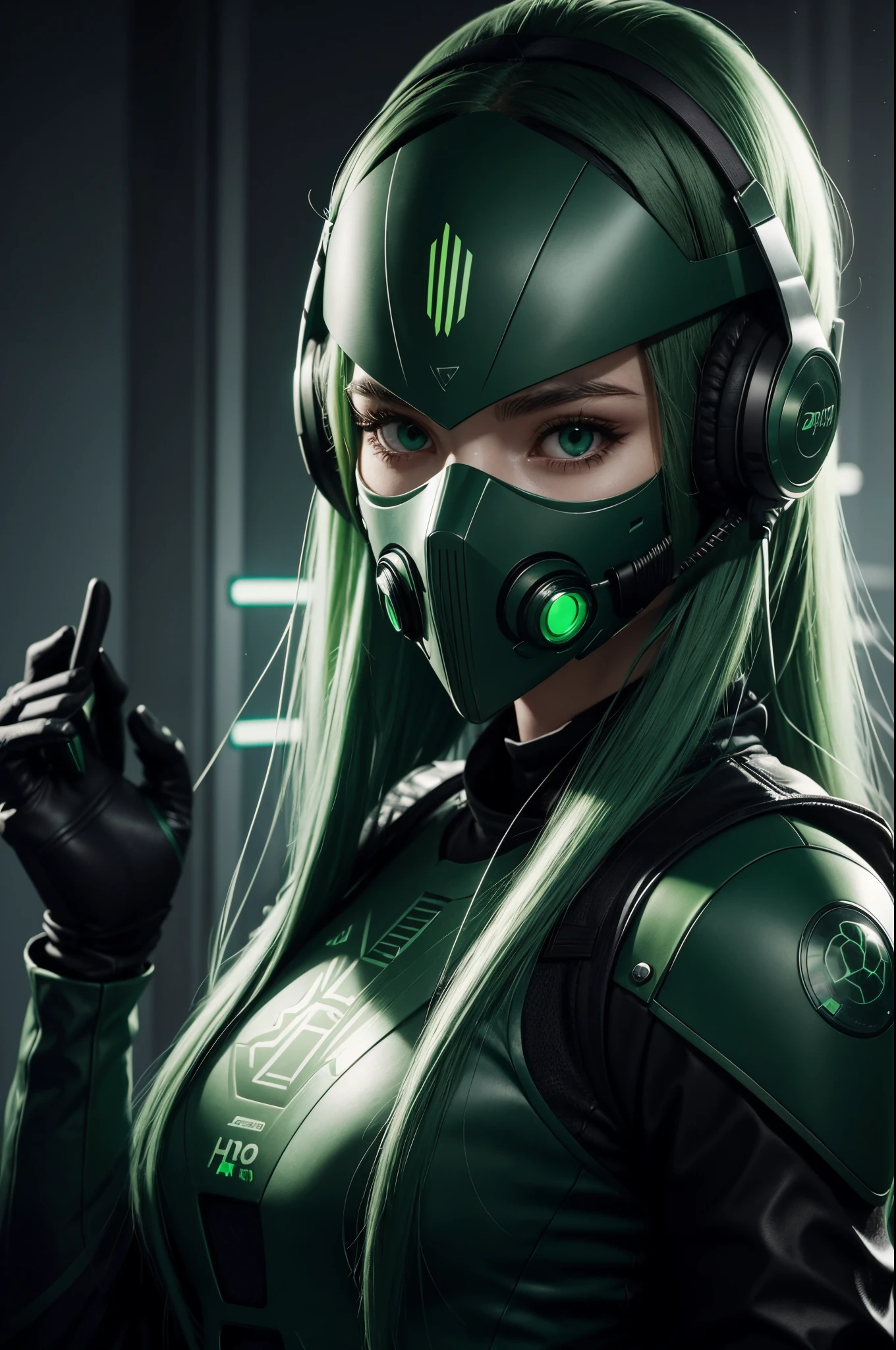 girl with long green hair, green eyes, futuristic vibes, mask on mouth, headphones, 8k, high quality, simple background, glowing eyes, nice pose