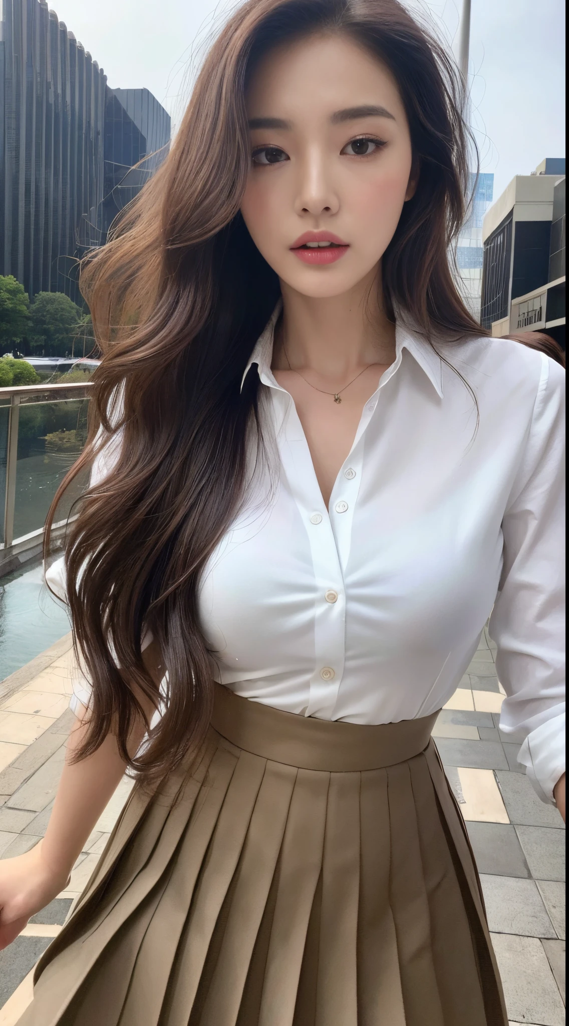 (8k, RAW photo, best quality, masterpiece:1.2), (realistic, photo-realistic:1.4), (extremely detailed 8k wallpaper), sharp focus, depth of field, bocinematic lighting, soft light,detailed beauty eyes,shiny smooth light brown long bob hair, asymmetrical bangs, shiny skin, super detailed skin,high resolution, high detailing, detailed hairstyle, detailed beauty face, hyper realistic, perfect limbs, perfect anatomy ,1 japanese girl,famous Japanese idol, perfect female body, large breasts,smile,short eyelashes,double-edged eyelid,long bob hair, (school uniform : 1.3), looking at viewer, (Crowded city streets:1.3),cowboy shot