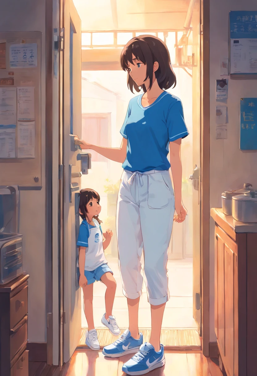 The girl is standing in a blue T-shirt, light white long pants, blue sneakers, chatting with her mother at the door. The mother is wearing a blue apron and white short sleeves.