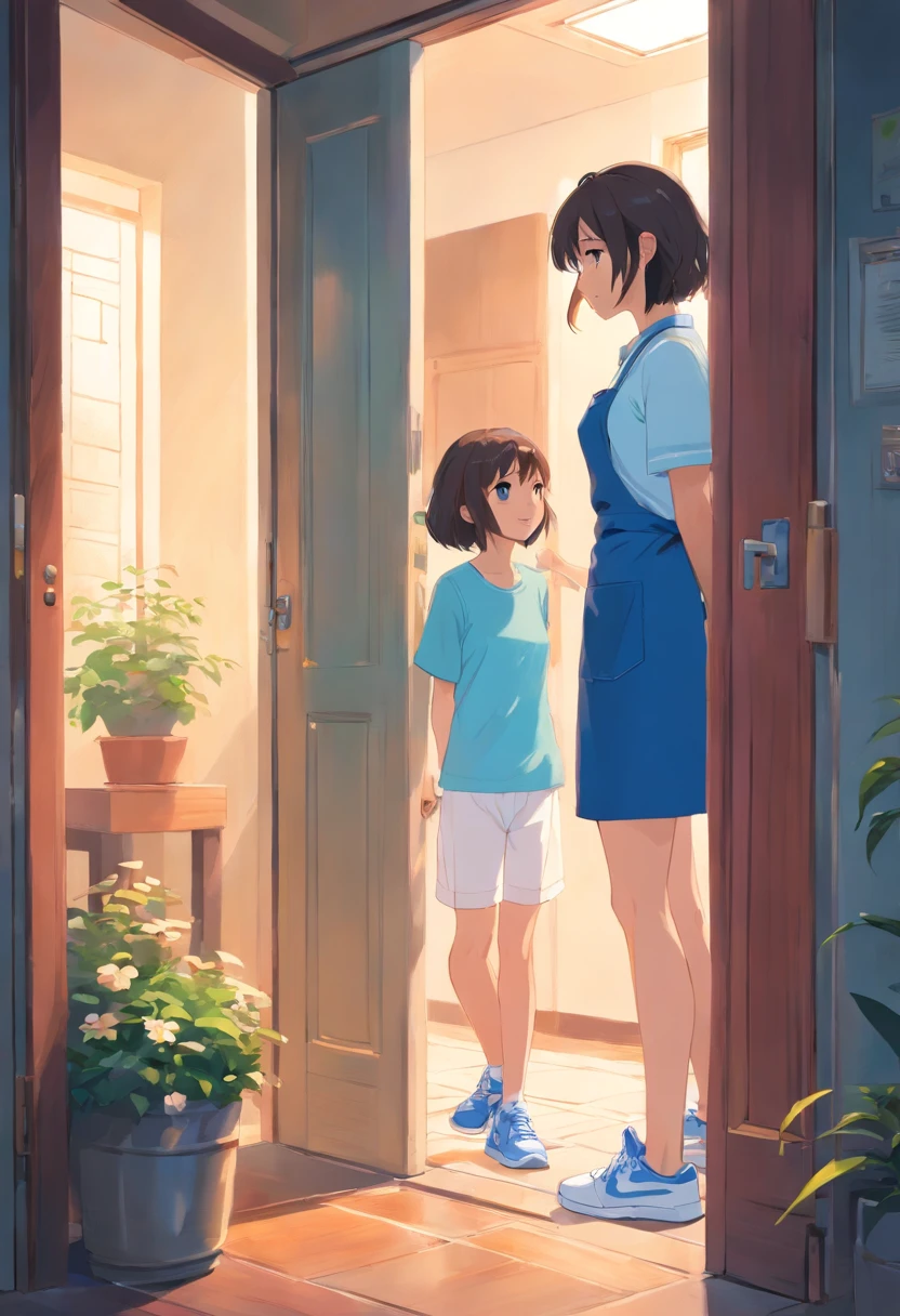 The girl is standing in a blue T-shirt, light white long pants, blue sneakers, chatting with her mother at the door. The mother is wearing a blue apron and white short sleeves.