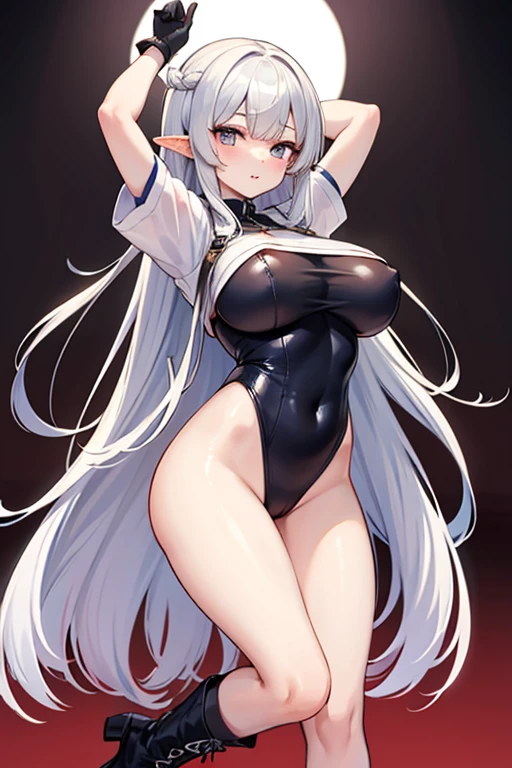 elven girl,dancing,silver long hair ,large breast,BREAK,navy polyester leotard,cutout between underboob,black short sleeves,BREAK,boots,red long gloves