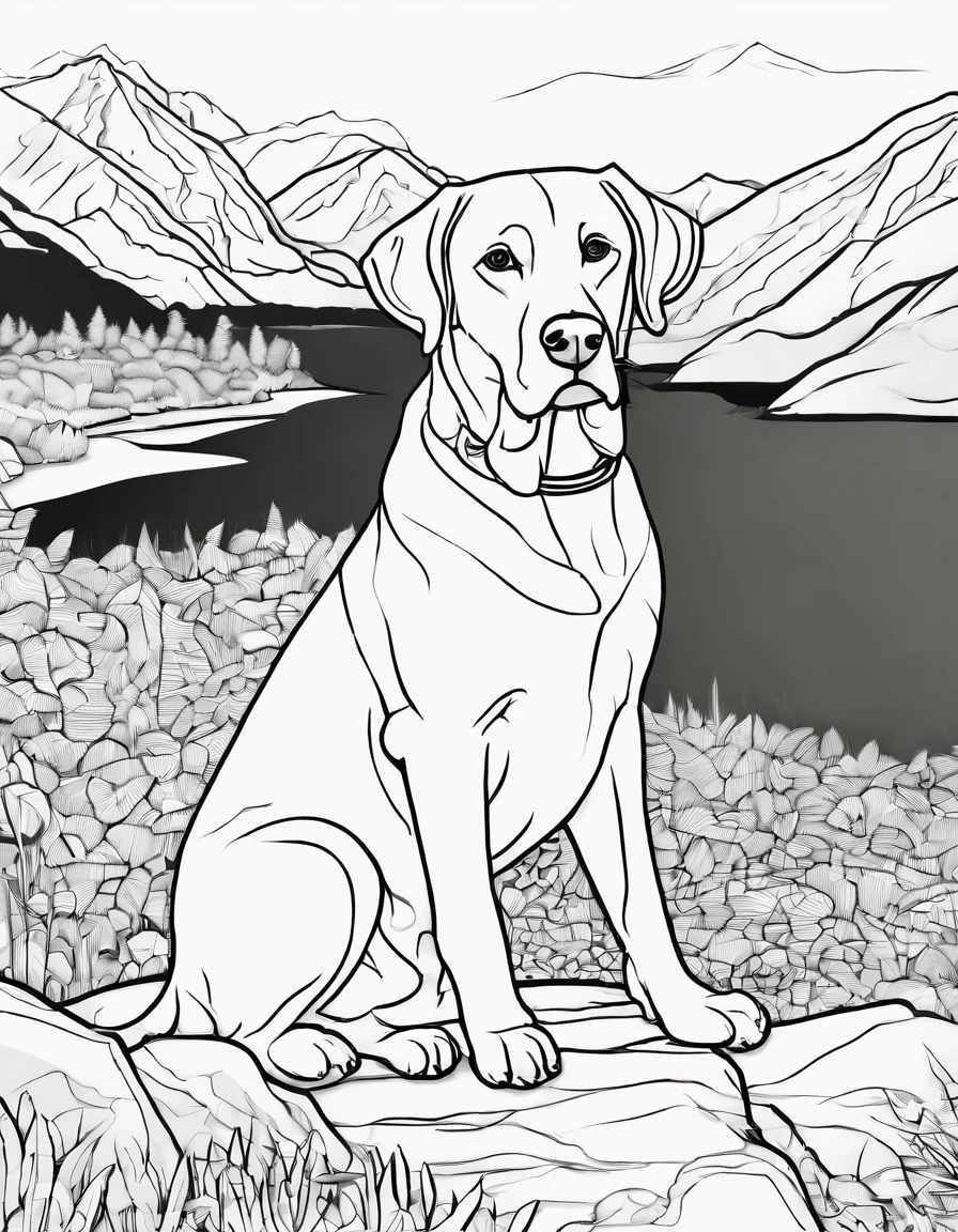 Labrador Retriever sitting down with mountains in the back ground, for coloring page, high quality, black and white