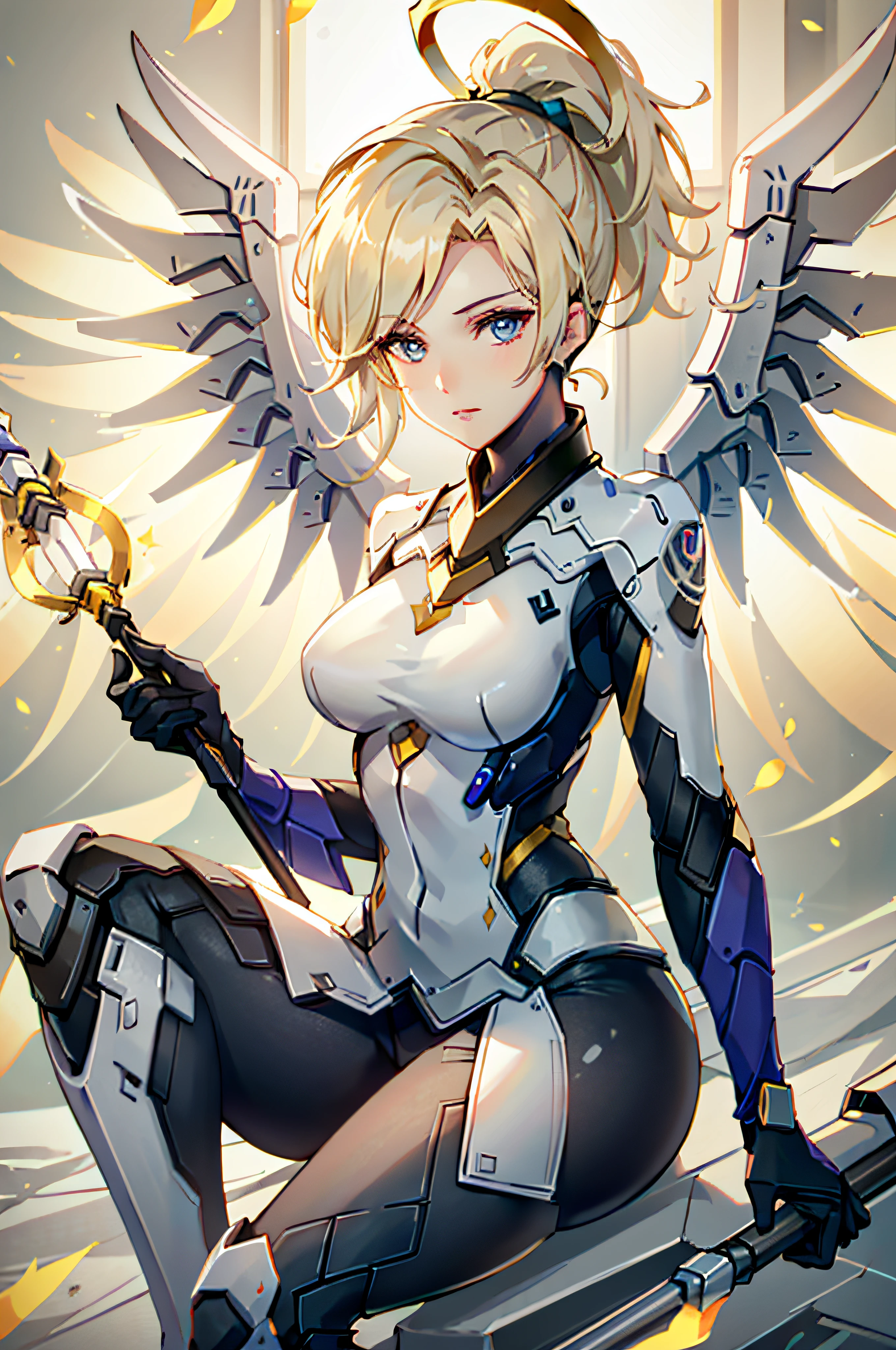 MercyOver, 1girl, mercy (overwatch), mechanical wings, mechanical halo, solo, blonde hair, wings, blue eyes, halo, staff, yellow wings, breasts, bodysuit, holding,, lips, looking at viewer, holding staff, medium breasts, spread wings, glowing wings, nose, high ponytail, ponytail, sitting, portrait, looking at the viewer