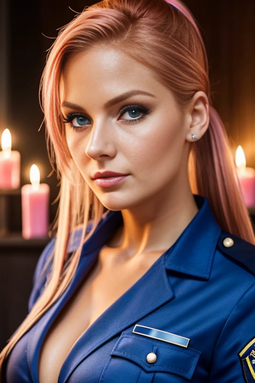 Petite 30 year old police woman with light strawberryblonde hair in a ponytail and striking blue eyes wearing eye liner, pink lips, in a blue police uniform, detailed face, cleavage, in candle light