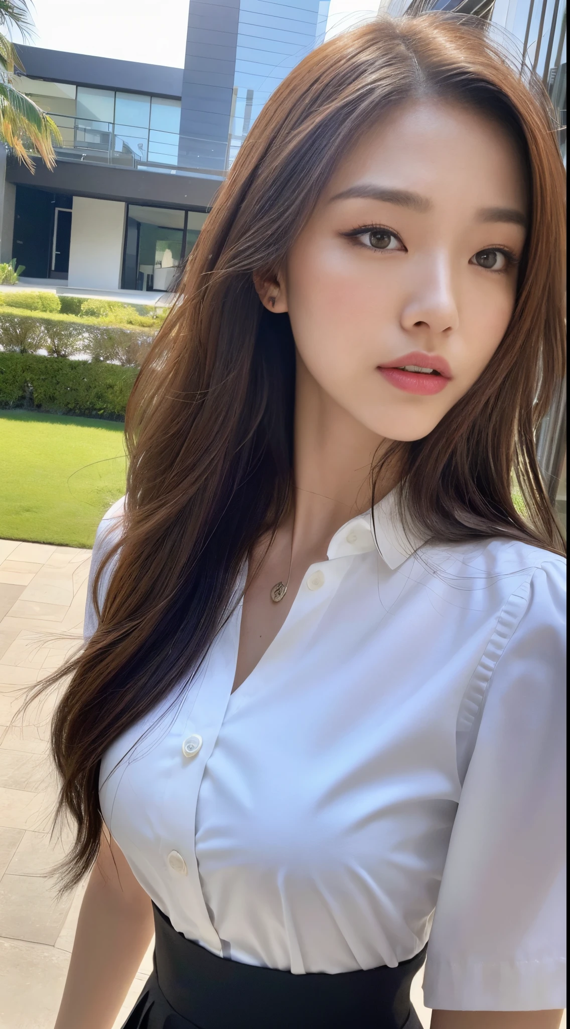 ((Best quality, 8k, Masterpiece :1.3)), Sharp focus :1.2, A pretty woman with perfect figure :1.4, Slender abs :1.2, ((Dark brown hair, Big breasts :1.2)), (White button up long shirt :1.1), City street:1.2, Highly detailed face and skin texture, Detailed eyes, Double eyelid