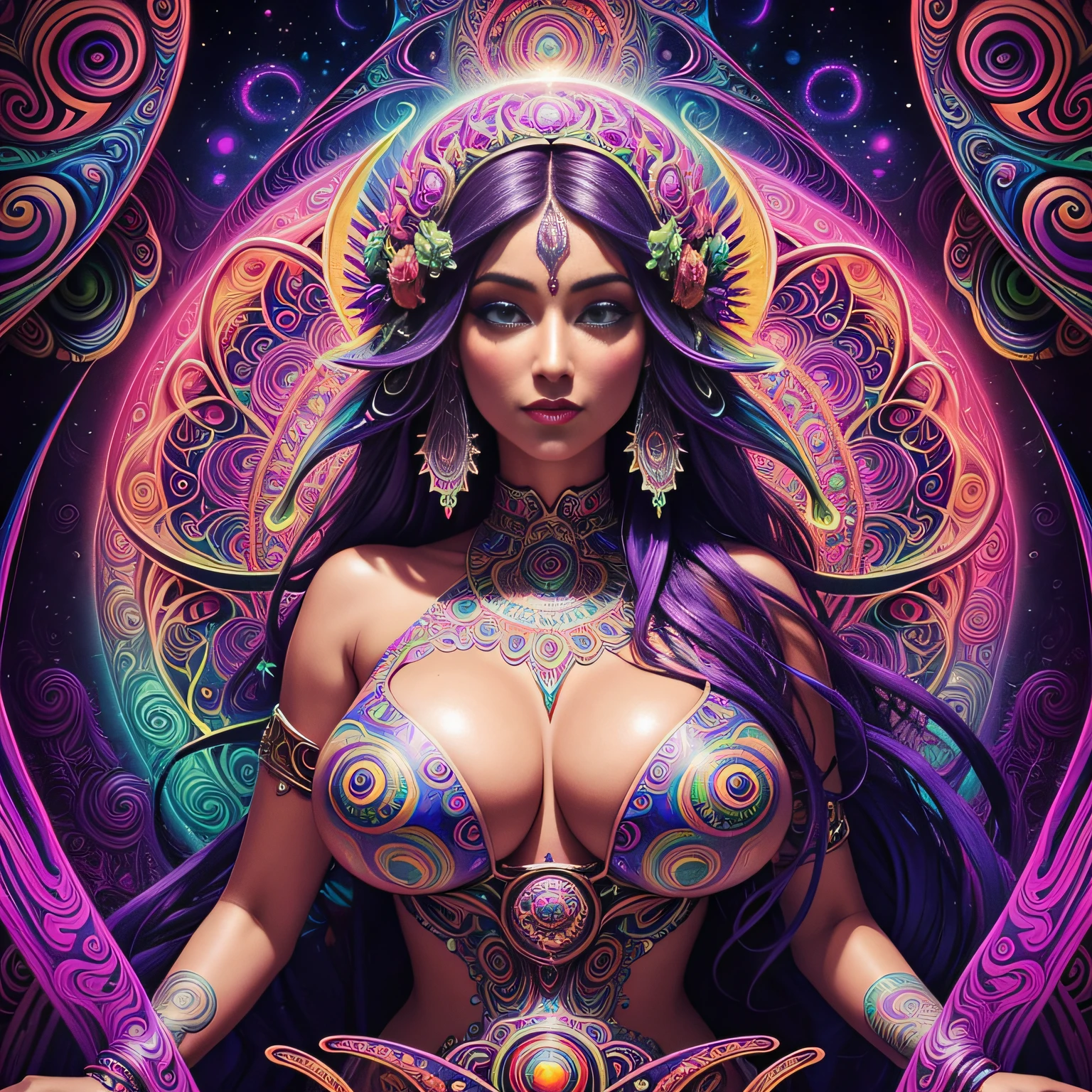 a woman with a large breast in a psychedelic painting, psychedelic goddess, dmt art, dmt goddess, visionary art style, psychedelic art style, 3 d goddess portrait, psychedelic art nouveau, psytrance artwork, psychedelic digital art, digital visionary art, psychedelic art, psychedelic surreal art, psychedelic artwork, highly intricate in technicolor, hyper - detailed visionary art