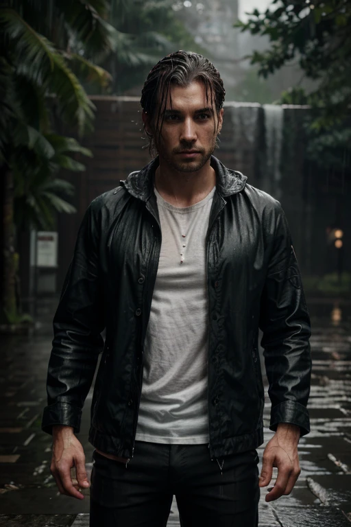 a man 30 yo, casual cloth, heavy rain ambient, wet cloth, wet hair, wet skin, epic, intricate details, hyperdetailed, hdr, 8k, rtx, octane, unreal