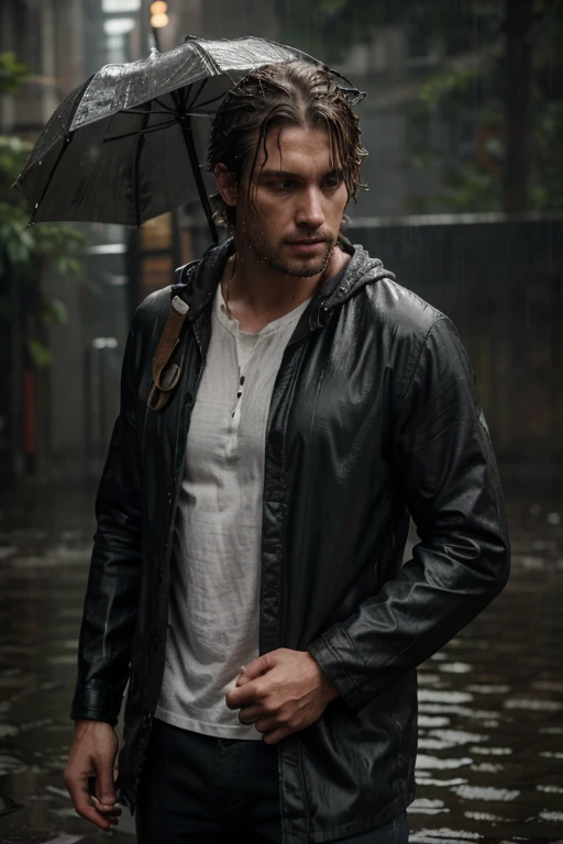 a man 30 yo, casual cloth, heavy rain ambient, wet cloth, wet hair, wet skin, epic, intricate details, hyperdetailed, hdr, 8k, rtx, octane, unreal