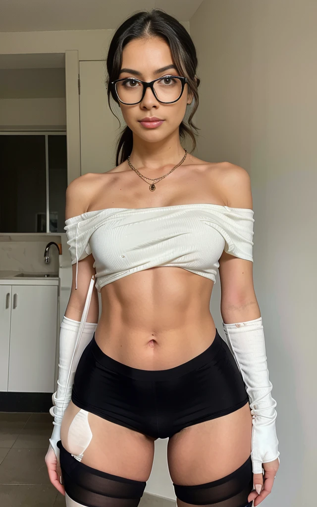 (8K, Masterpiece, RAW photo, Best quality, detail:1.3), (ultra realistic:1.4, scenary, 8K), Depth of field, Cinematic light, (ultra realistic face), (1 ultra skinny girl:1.6), (Beautiful and elegant girl), (tight white minishorts:1.5), (girl with glasses), (latina face:1.4), (natural abs), (full body:1.5), (off-shoulder tight black minitop:1.5), (small necklace, collarbone:1.1), (ultra detailed skin:1.3), (tight gloves), (tight soft fabric minishorts:1.4), (tight black stockings)