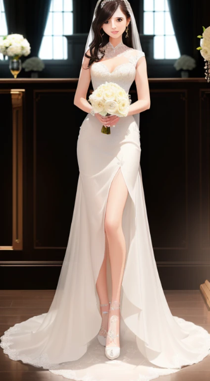 ((​masterpiece、top-quality、hight resolution、))、delicate detail、intricate detailes、The best lighting、Beautuful Women、cute little、solo women、Beautiful black hair、((White luxury wedding dresses))、(((Full body like)))、((Standing posture))、Flower bouquet、wedding hall、(detailed splash)、8k wallpaper、((ultra-detailliert))、 ((extremely delicate and beautiful))、((Cinematic Light))、softlight、