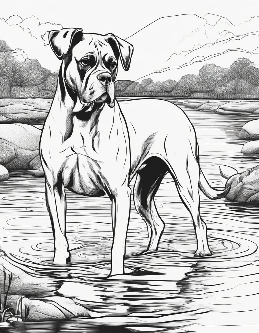 Boxer dog in the River looking at the water, coloring page, high quality, black and white