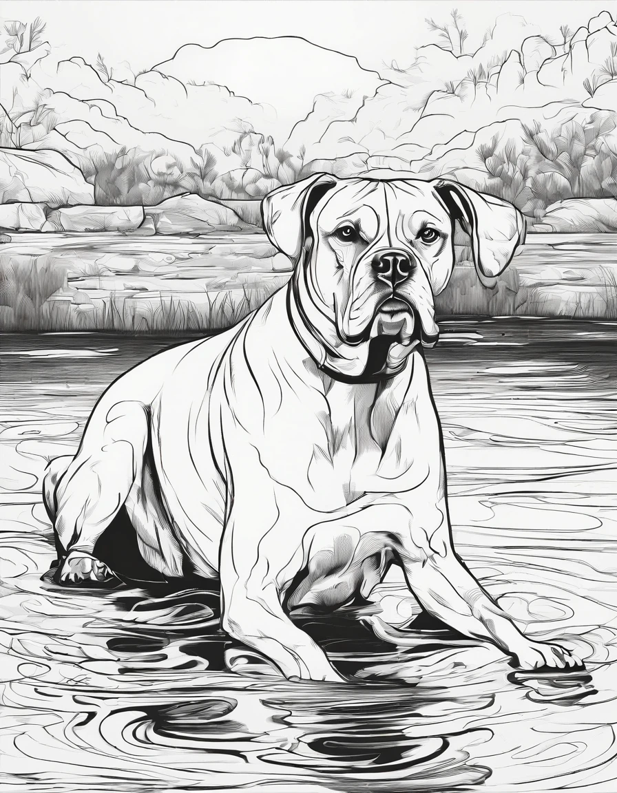 Boxer dog in the River looking at the water, coloring page, high quality, black and white