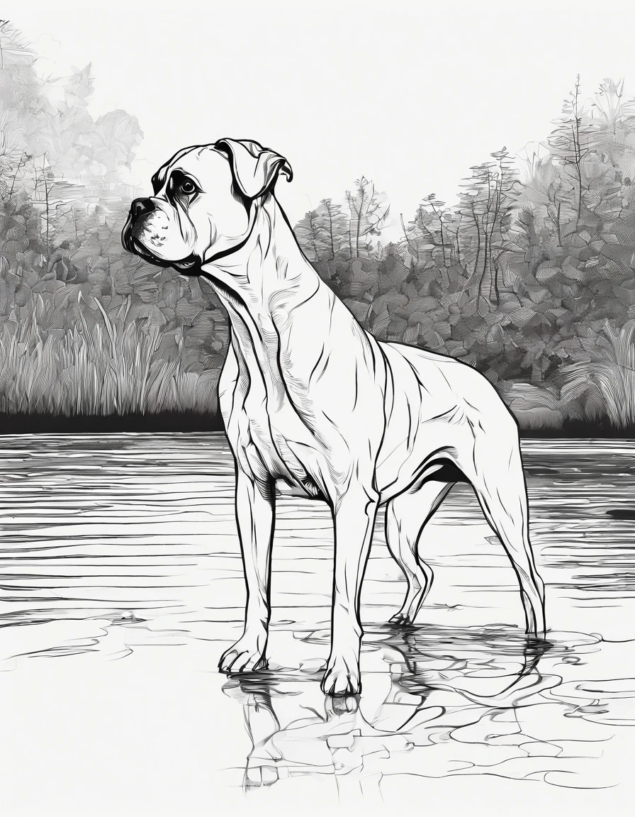 Boxer dog in the River looking at the water, coloring page, high quality, black and white