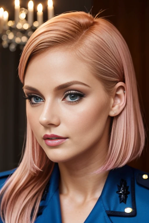 Petite 30 year old police woman with light strawberryblonde hair in a short undercut bob and striking blue eyes wearing eye liner, pink lips, in a blue police uniform, detailed face, cleavage, in candle light