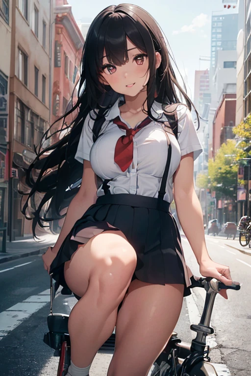 top quality, (Masterpiece: 1.3), (Maximum resolution: 1.2), (Ultra HDTV: 1.2), Cinema light, Ultra HDTV, (Detailed eyes and skin), (Detailed facial features), HDR, 8k resolution, Sharp Focus: 1.2, ((Riding bicycle, stopping her foot on the pedal: 1.4)), (Thighs peeking out from the slit :1.6) , (dynamic angle), (dynamic pose), Perfect style, beautiful face, accurate, anatomically correct, highly detailed face and skin texture, detailed eyes, brown eyes, double eyelids, thin eyebrows, glitter eyeliner: 1.2, natural cheeks, round face, glossy skin, fair skin: 1.2, (glossy lips: 1.4), (heart shaped pupils) BREAK first-person-view, ((Wearing school girl uniform:1.6)), (it consists of a top and ankle length skirt with deep slit:1.5), (The top is baring navel, her breast stands out because of suspenders:1.6 ), ((the skirt is maxi length:1.8)), (smiling full of compassion:1.2), (smiling full of love:1.2), innocent and Cute girl, ( glossy black hair), ( extra long straight hair, bang style:1.6), BREAK (Full body shot: 1.2), (focus on slim curve), (medium large breasts:1.2), ((( on the road in front of buildings : 1.2)), (very intimate relationship),