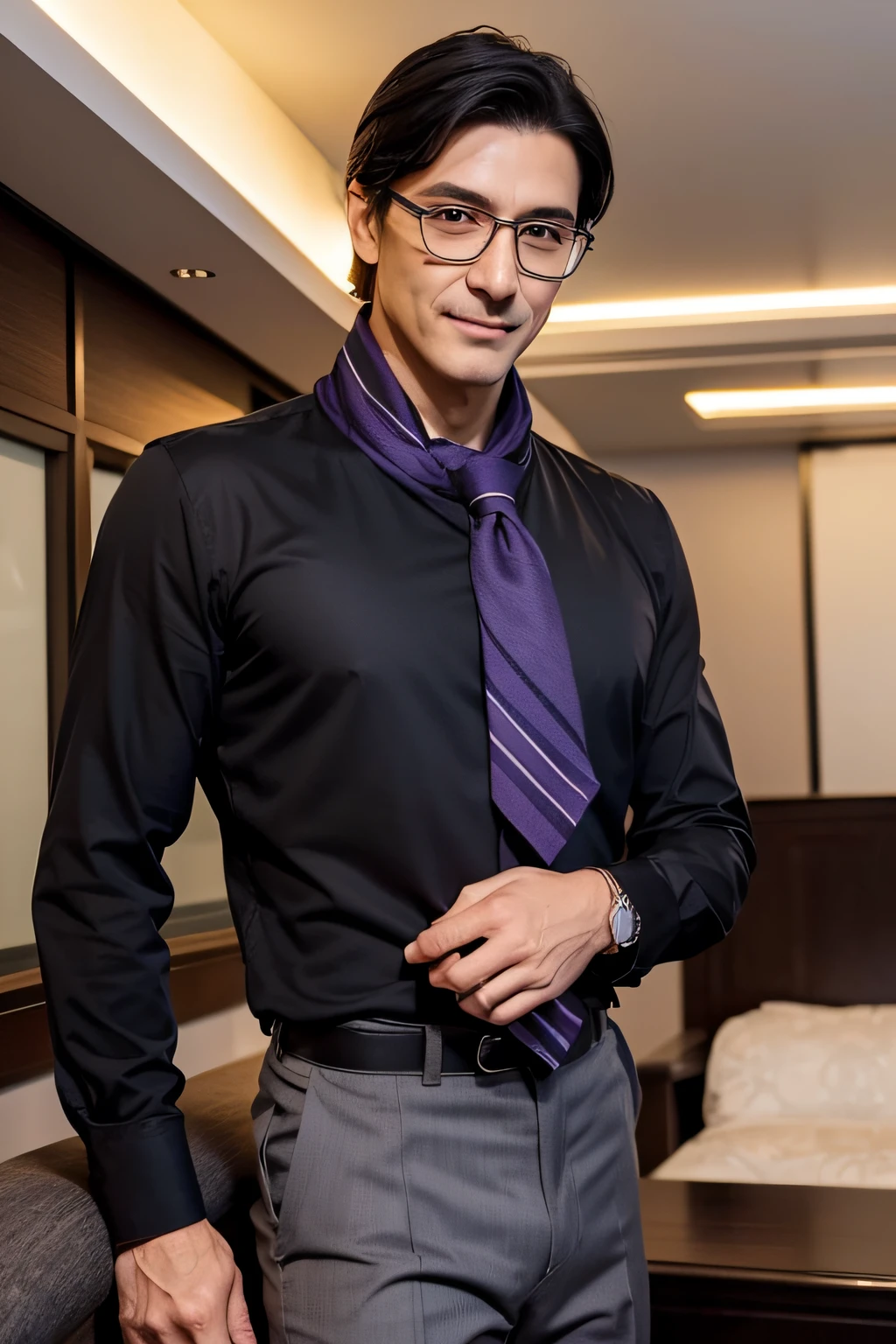 elegant man, 50 generations, Mature, Dark black hair, Short straight hair, Hair to neck level, Orange Eyes, Black glasses, Grey Social Blouse, Dark blouse below, Purple scarf on tie, Grey Social Pants, Black Social Shoes, Ivory cane, Smile modestly, muscular guy, Interior view of the ship, beautiful man.