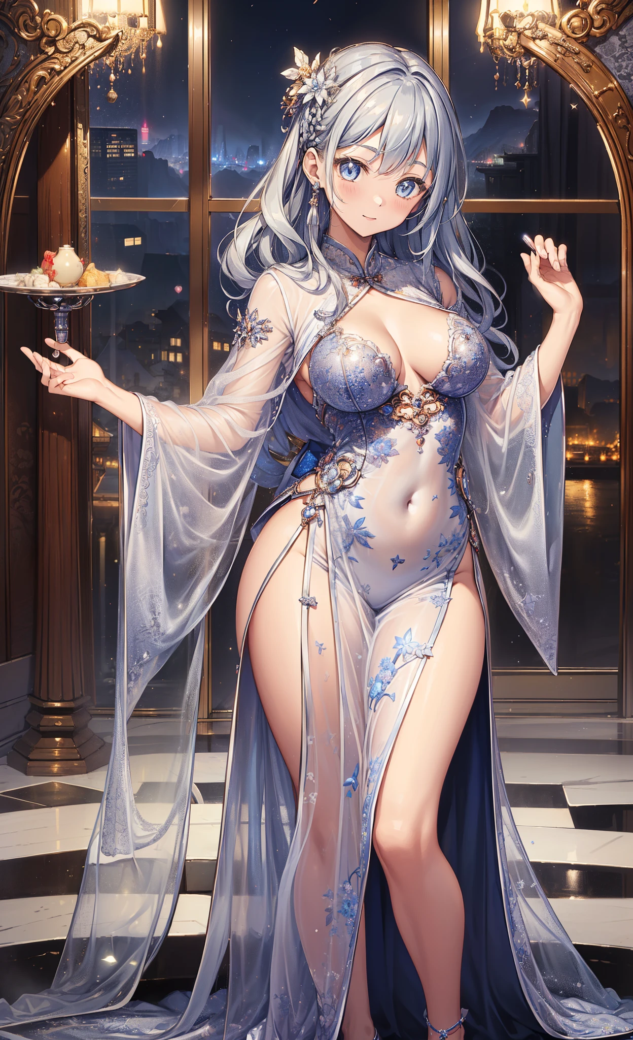 top-quality、Top image quality、tmasterpiece、girl ((、Girl's face、medium chest circumference、obsessed、having fun、tempting pose、Breasts wide open、silver slightly curly hair、slenderness、Grand canyon、Silver Hanfu mixed cheongsam、transparent costume、edelweiss silk))high high quality、beautiful art、Background with((luxury hotel、Night view windows)))、visual art、depth of fields、Diamonds adorn clothes,Sparkling,Full body lesbian