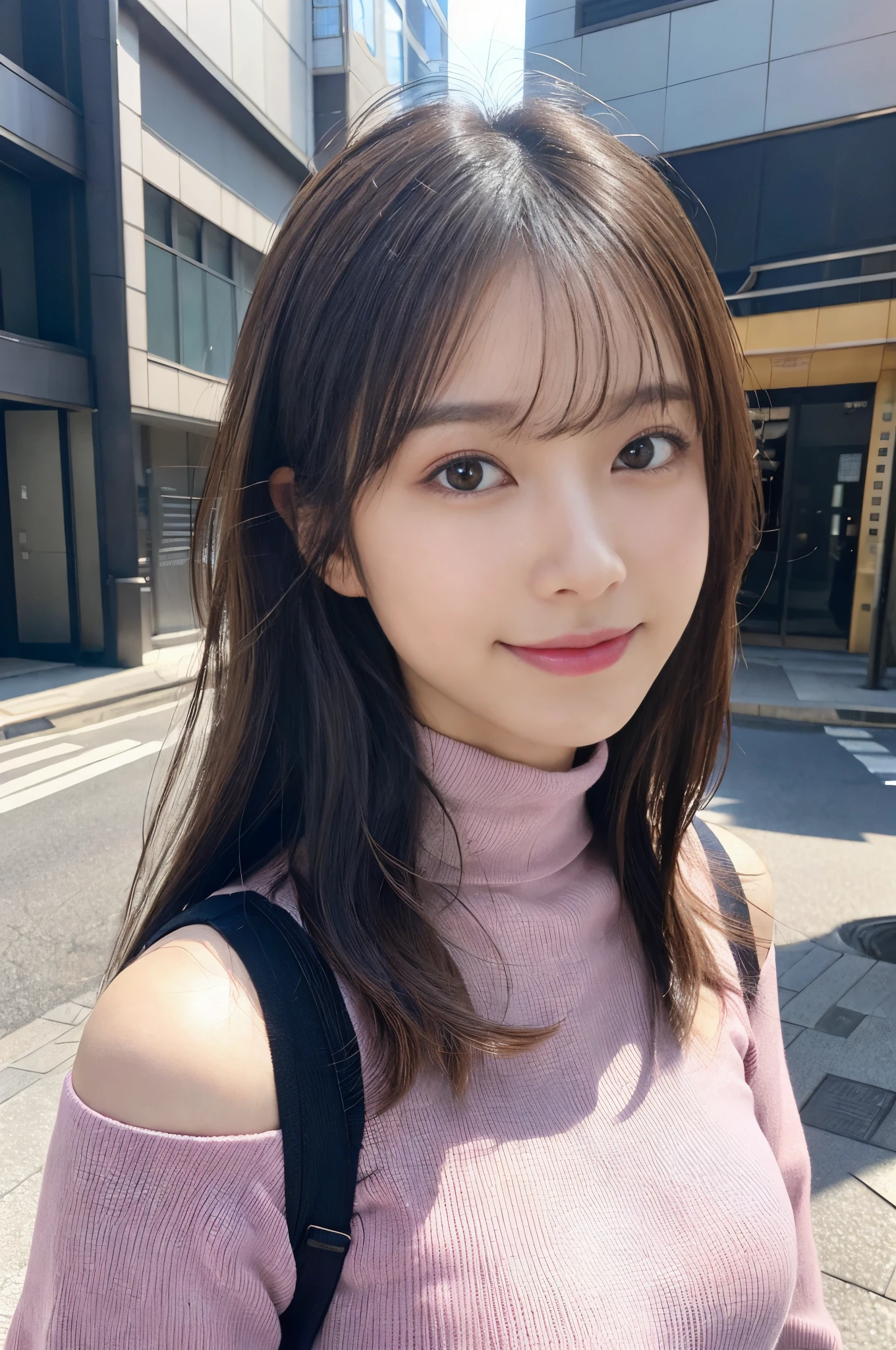 (Colossal tits、pink turtleneck knit、Shoulder bag)、(top-quality,​masterpiece:1.3,超A high resolution,),(ultra-detailliert,Caustics),(Photorealsitic:1.4,RAW shooting,)Ultra-realistic capture,A highly detailed,high-definition16Kfor human skin、 Skin texture is natural、、The skin looks healthy with an even tone、 Use natural light and color,Woman in her 30s,japanes,,kawaii,A dark-haired,Middle hair,(depth of fields、chromatic abberation、、Wide range of lighting、Natural Shading、)、(Hair swaying in the wind:1.2)、（Bewitching smile:1.2）,（appointment:1.2）、 Streets of Tokyo