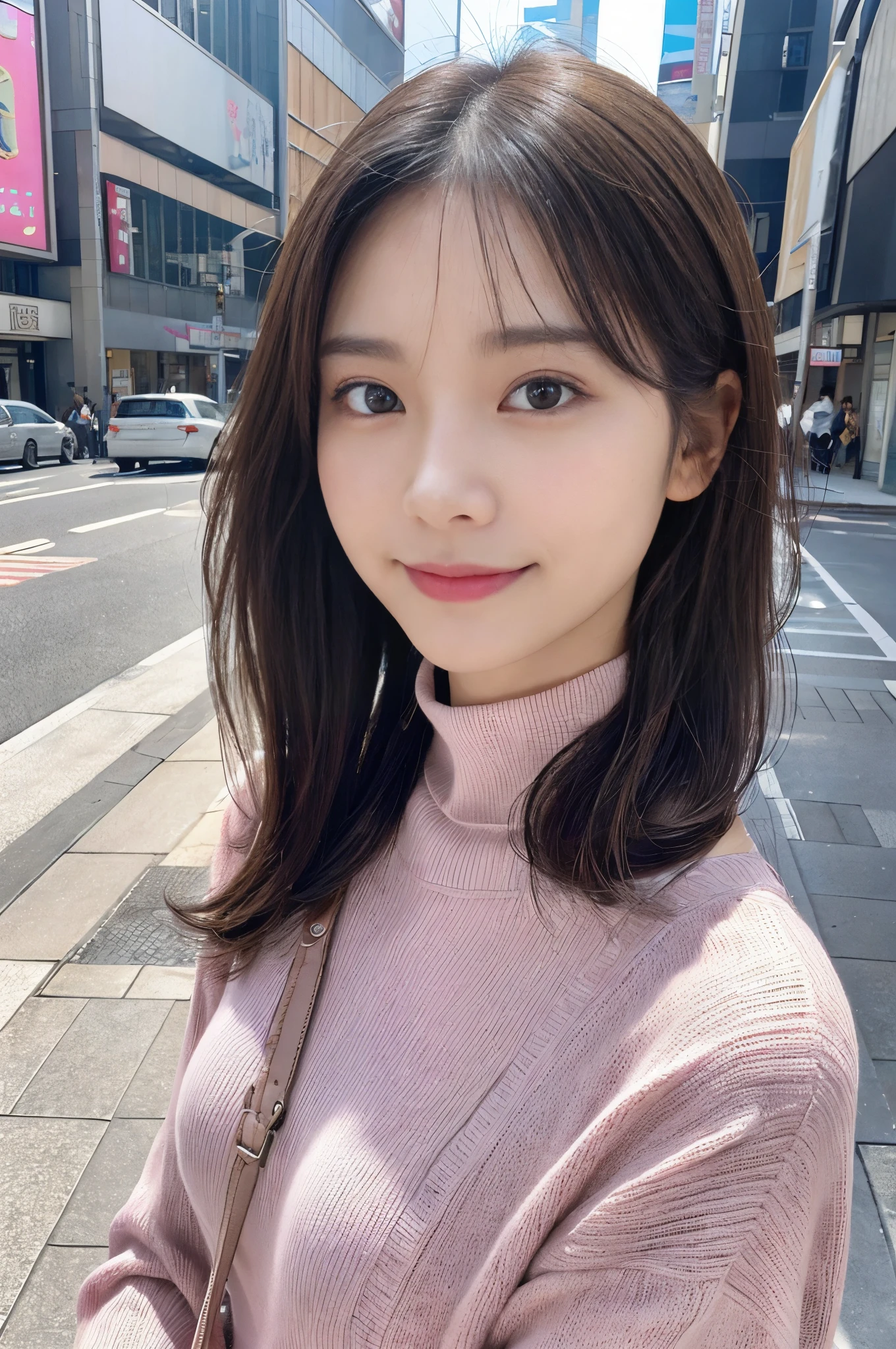 (Colossal tits、pink turtleneck knit、Shoulder bag)、(top-quality,masterpiece:1.3,超A high resolution,),(ultra-detailliert,Caustics),(Photorealsitic:1.4,RAW shooting,)Ultra-realistic capture,A highly detailed,high-definition16Kfor human skin、 Skin texture is natural、、The skin looks healthy with an even tone、 Use natural light and color,Woman in her 30s,japanes,,kawaii,A dark-haired,Middle hair,(depth of fields、chromatic abberation、、Wide range of lighting、Natural Shading、)、(Hair swaying in the wind:1.2)、(Bewitching smile:1.2),(appointment:1.2)、 Streets of Tokyo