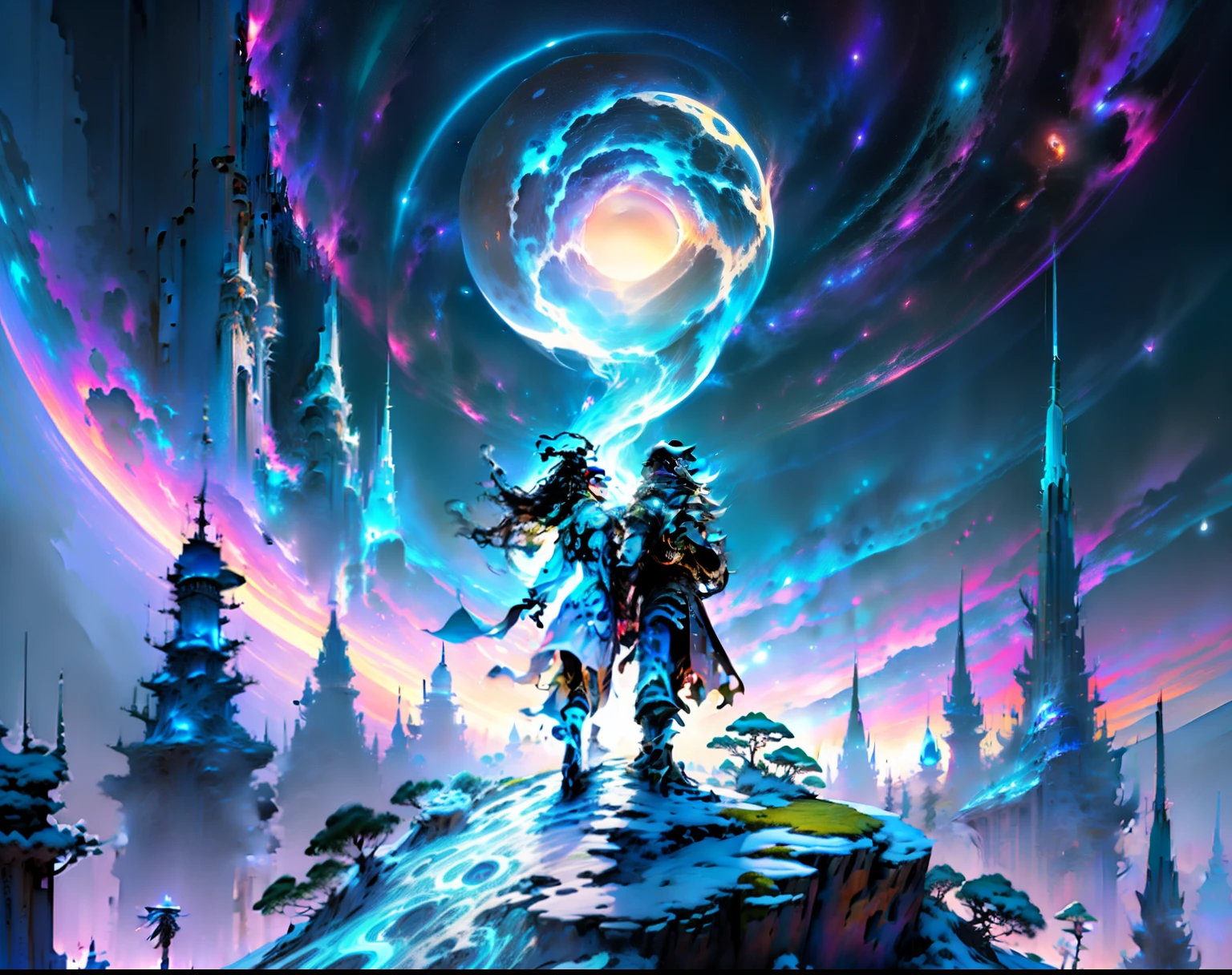 ((Best quality)), ((masterpiece)), (highly detailed:1.3), 3D, In a distant future where the boundaries between science fiction and fantasy have dissolved, the world is a tapestry of awe-inspiring wonders. Enter a universe where magic and technology coexist in harmony, shaping the destiny of civilizations across vast reaches of .....