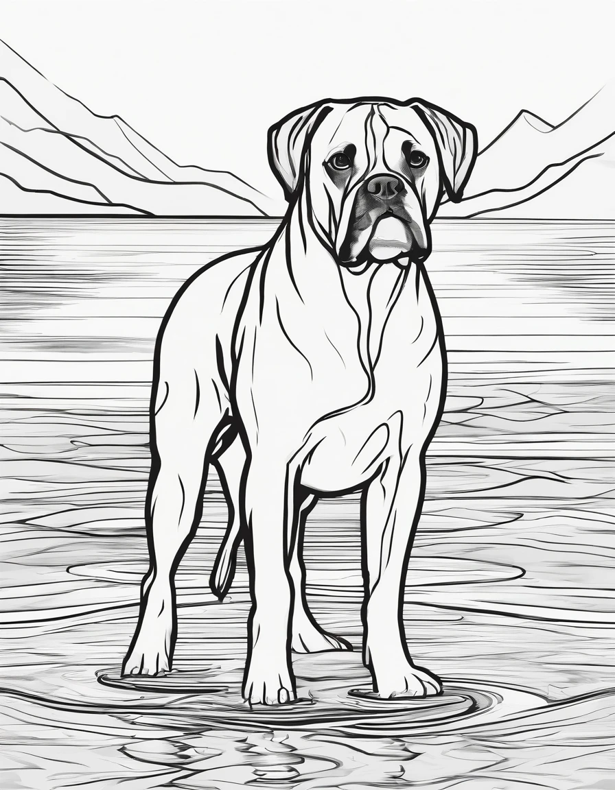Boxer dog in the River with no trees, coloring page, high quality, black and white