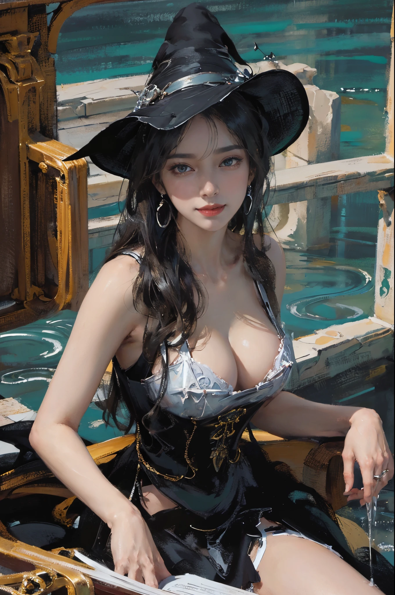 (2 girls),((Yuri))),((Eye contact))),(Look at each other),((medieval world)), (((The witch's old black hat))), (Slim witch in white), (Slim black witch), Gentle eyes, (She has a naughty smile on her face:1.4), Friendly and girly face, Glass earrings on the ears, Purgatory Altar, Ancient ruins overgrown with plants, great demon temple, great cathedral, Devil's Hall, temple ruins, detached temple, Magic Array, Ancient Castle Site, abandoned ruins, crumbling ruins, Monumental sites,The water is clear, wavelets, The runs water,熟妇,mature,,Perfect mature female figure, slim toned body,Original, mediuml breasts,High detail 8K wallpaper, perspired,Wet hair,(very delicate beautiful),Contour deepening, realistically, Precise geometry, Complicated details, Smiling, Close-up cleavage,Charming and sexy legs,((Sexual suggestiveness)),,(Fechin Oil Painting - Fechin Oil Painting , oil painted), 0