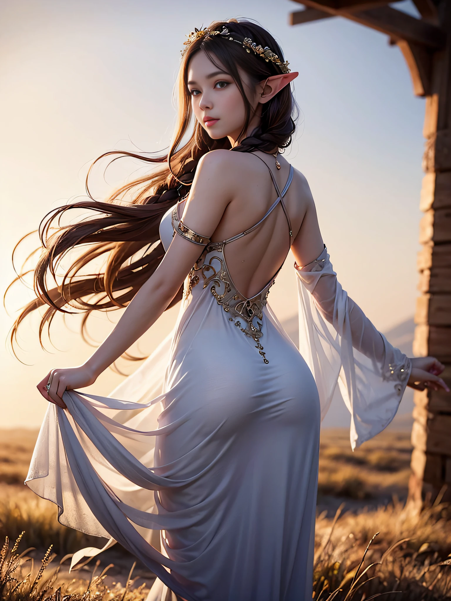 Graceful elven girl standing in meadow, Delicate face illuminated by the soft light of the setting sun. Her long, Flowing hair runs down your back, Decorated with intricate braids、Adorned with sparkling gemstones. This great photo is、、、It captures the ethereal beauty of elves. Slender figure in silk dress、Swaying in the soft steppe breeze. Attention to detail、Face that is、Face that is、Face that is、Face that is、It is evident in the intricate patterns of the dress and the subtle highlights of the luminescence. skin. The breathtaking portrayal of the elven girl is、、、、、Create an enchanting atmosphere、It invites the viewer to a magical world.