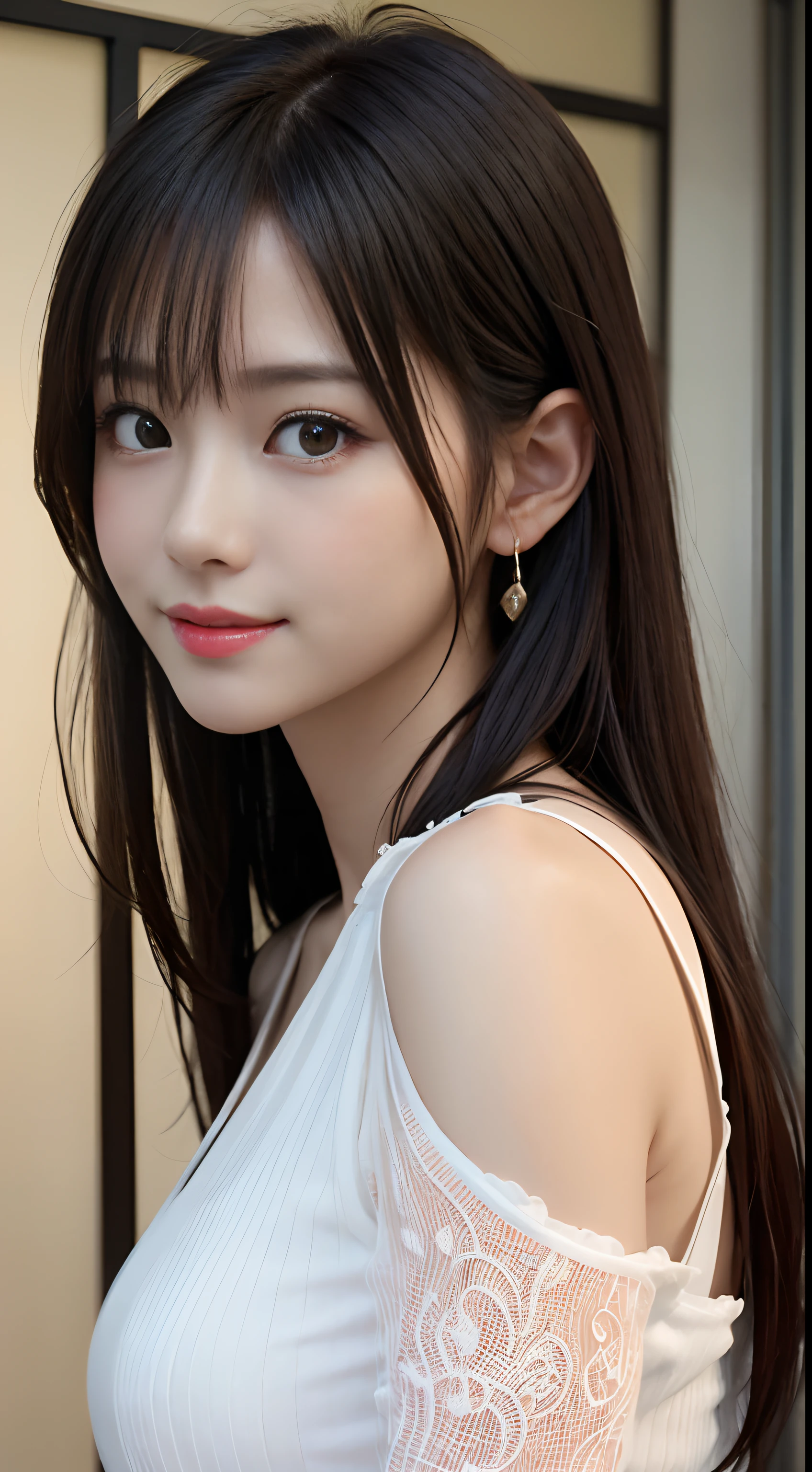 White see-through blouse,Face Interview, (Photo Real:1.4), (hyper realisitic:1.4), (realisitic:1.3), (Smooth lighting:1.05), (Improve video lighting quality:0.9), 1womanl, a 20 yo woman, Realistic lighting, Back lighting, Facial light, raytrace, (cheerfulness:1.2), (Improved image quality:1.4), (Finest Real Textured Skins), finely eye, a small face, Red cheeks, skinny body, medium-breasted pointed jaws,,,,,,, Japan idol system, Nogizaka Idol, glowy skin, hposing Gravure Idol, P, Blunt bangs, Black hair, hair behind ear, hair over shoulder, Long hair,Tear bag,Summer plateau、