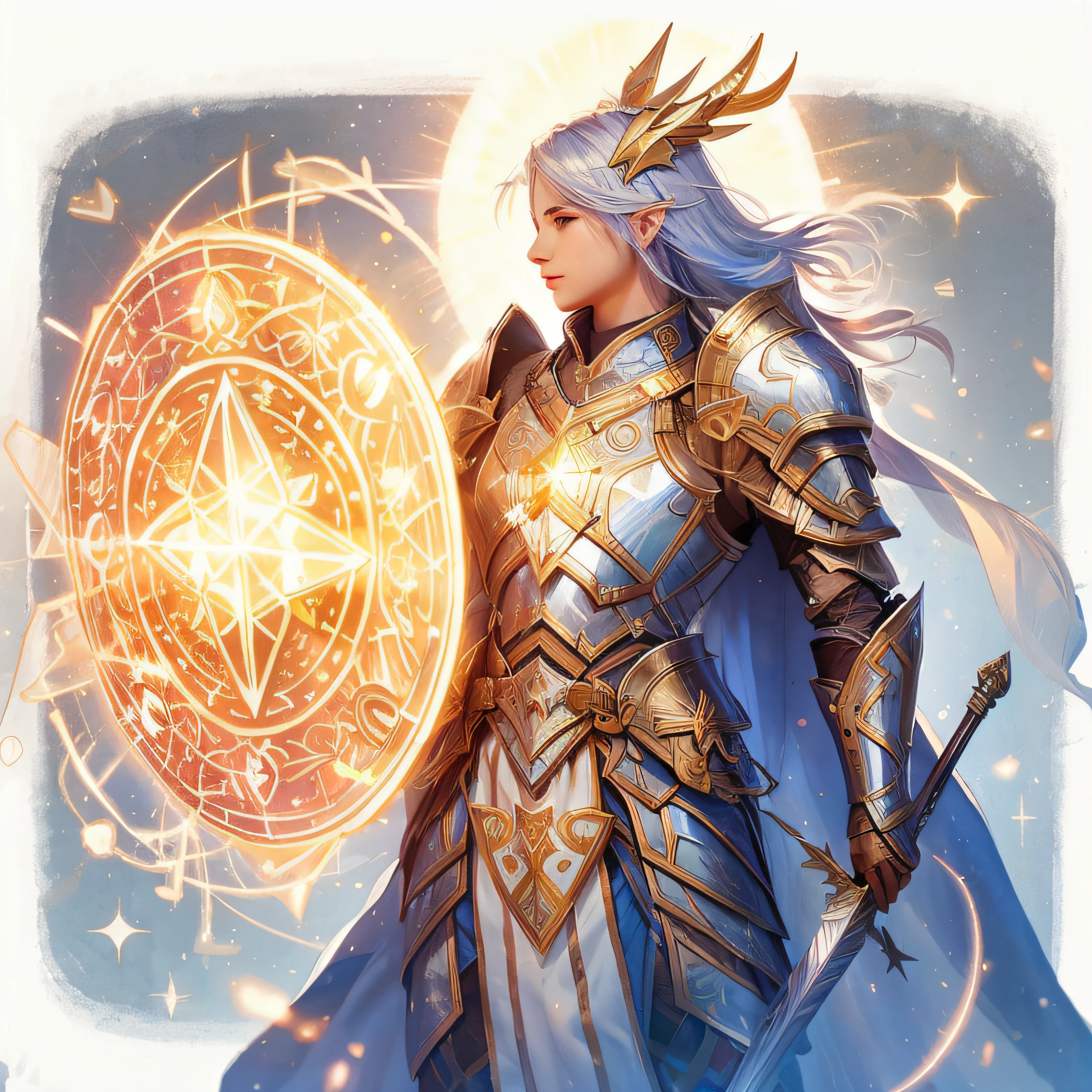 A luminous warrior, wearing shining armor and carrying a shield with symbols of light. You can have a serene and radiant look. RPG character, cartoon, simple art