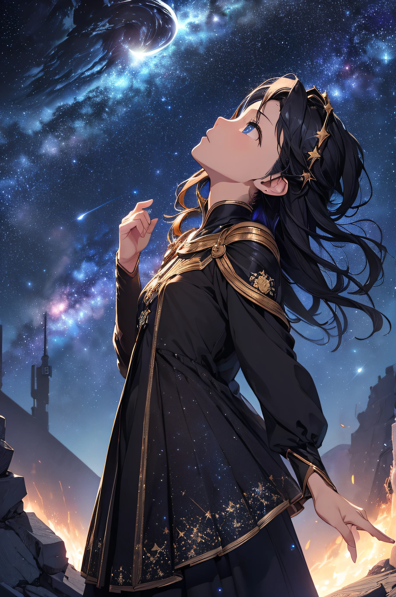 masterpiece、Background with((Fantastic starry sky、kosmos、Meteor swarm、black hole、Irridescent color))、Depth((Luminescent planets))、Looking up