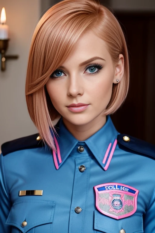 Petite 30 year old police woman with light strawberryblonde hair in a short undercut bob and striking blue eyes wearing eye liner, pink lips, in a blue police uniform, detailed face, in candle light