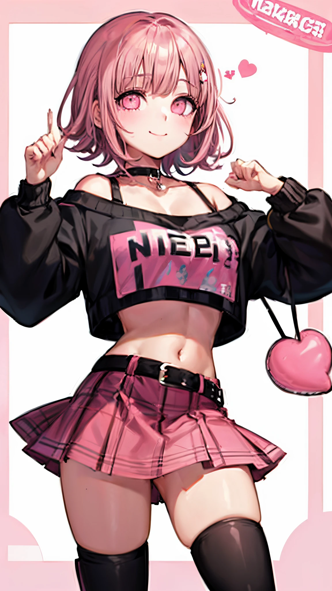 Chiaki nanami at a rave, looking at the viewer with an seductive smile, confident, nightclub, neon lights, pink short hair, pink eyes, bangs, e-girl outfit, (((Crop top, Oversized Sweater, Plaid Skirt, black Combat Boot, Winged Eyeliner, Heart-Shaped Stamp, Choker, Belt Chain))), 20 years old girl,Chiaki Nanami, Nanami Chiaki