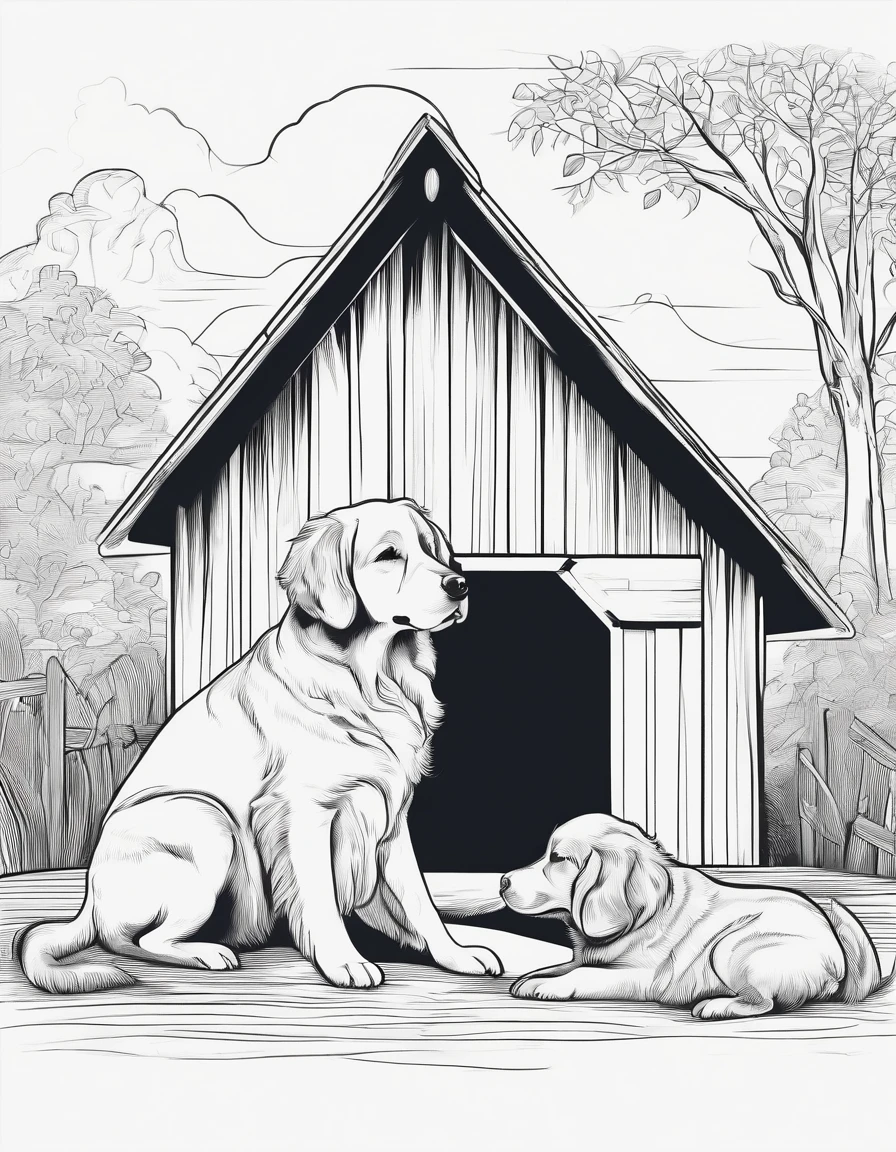 Golden Retriever dog with a puppy next to a barn house, for coloring page, high quality, black and white