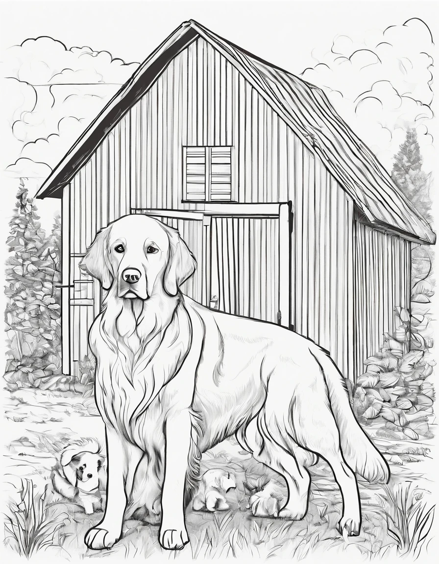 Golden Retriever dog with a puppy next to a barn house, for coloring page, high quality, black and white