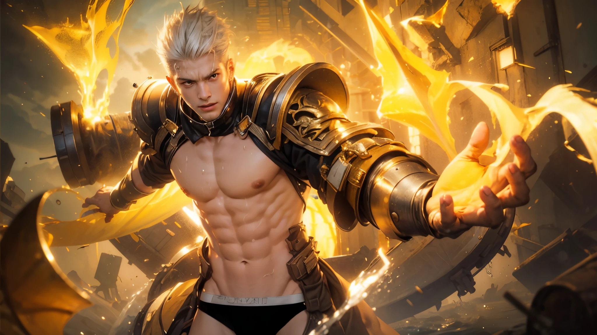 (max resolution: 1.2), (Ultra HDTV: 1.2), 8K resolution, Eye and skin details, detailed facial features, , (Sharp focus: 1, 2), ( Accurate focus) facial expressions: 1,2), Standing boy , (White hair, blonde streaks), (Shirtless), Shirtless, Perfect muscles, 8 pack, (light sweat, white fluid, splashing all over the body), (Black briefs), Blue sky, Tree mortar, Transplant, Lightning (yellow), ((Little drops of water on 8-pack abs)), (((water, water)))