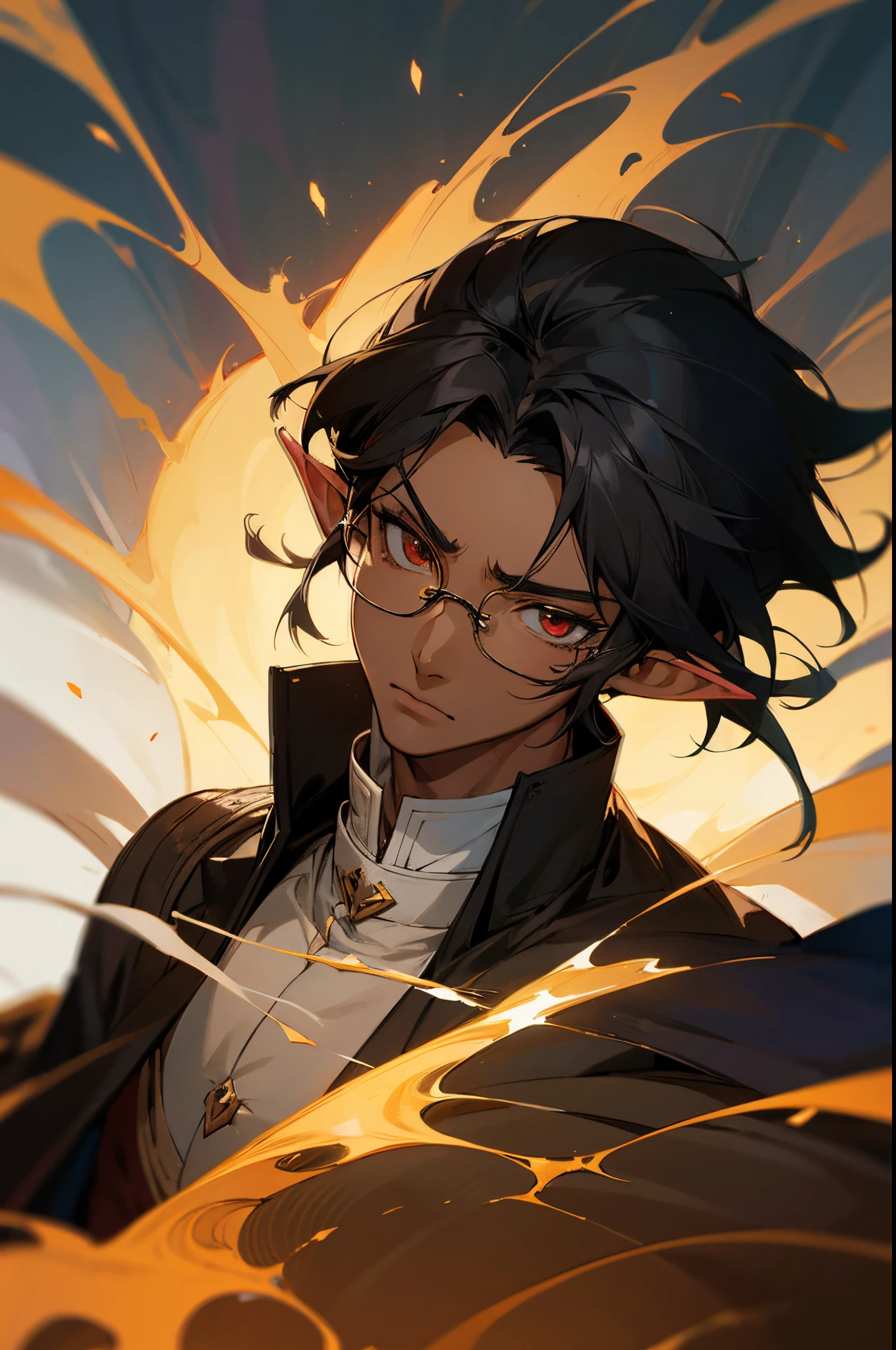 anime character dark skin, tanned, with black hair red eyes and glasses in a brown coat, handsome guy in demon slayer art, painted in anime painter studio, young half elf wizard, portrait of a young elf wizard, made with anime painter studio, a portrait of a male elf, delicate androgynous prince, thin young male alchemist, character art closeup, an elf in a suit, official character art