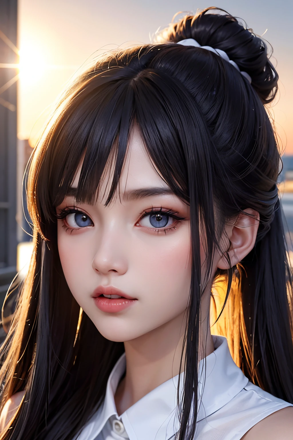 tmasterpiece, best qualtiy, 8k, beauitful face, highdetailskin, hyper-detailing, 超A high resolution, realisticlying, A high resolution, ,lens flare glow, (The top knot hair steamed bun:1.5),(Same makeup for both eyes:1.5),s the perfect face,Eyes of pull, Detailed lighting, Detailed eyes,Detailed skins, detailed shadow,Rally's skin,(Open mouth:1.02), (eye closeds:0.9),putting makeup on,Background with,Sunrise in the East,looking_at_viewe