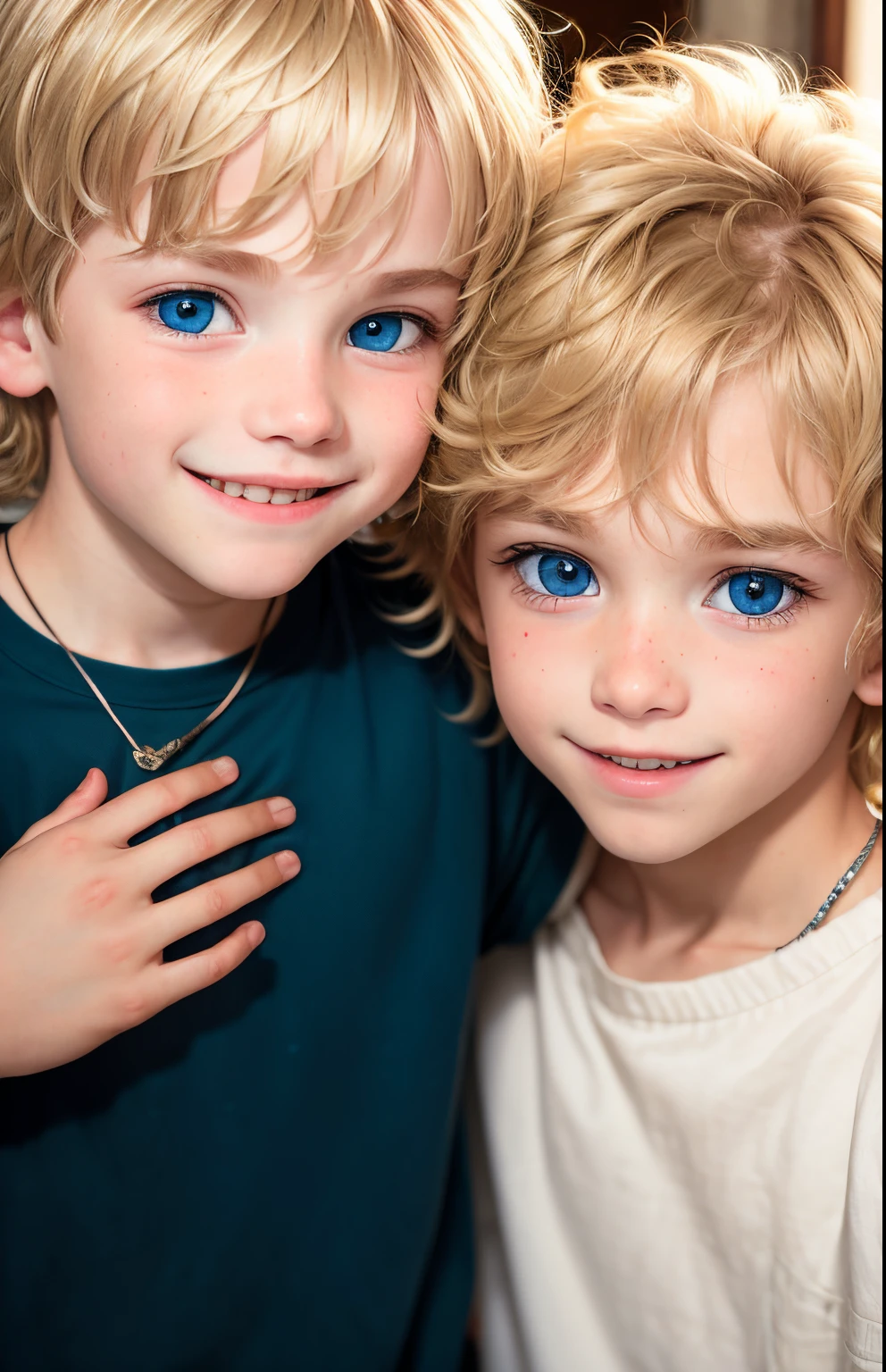 A young boy with dirty blond hair. He had big blue eyes, and huge smile. He is with another boy who had red eyes and black messy hair.