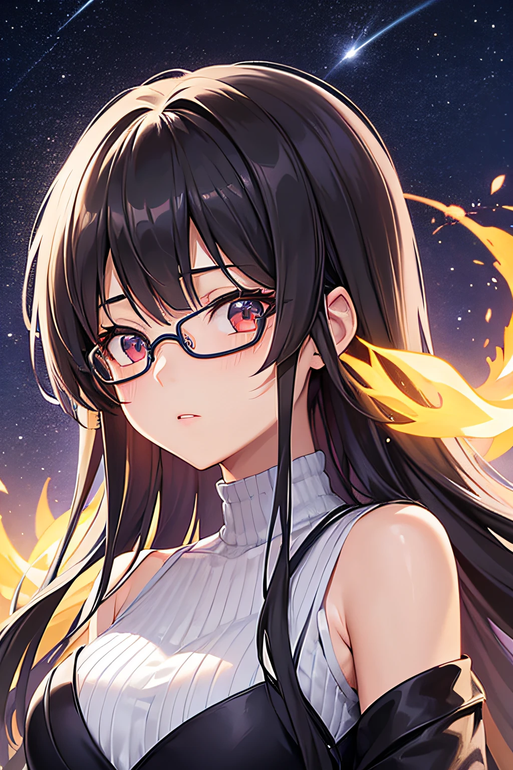 Create a stunning fashion portrait of an anime girl with long hair and captivating eyes with round glasses. Give her a cute and moe artstyle, with smooth CG art and a hint of gapmoe yandere. Draw inspiration from Hinata Hyuga, focusing on her beautiful face. Infuse the artwork with a mix of realistic anime and high school girl aesthetics. Zoom in for a close-up shot, capturing the essence of Iwakura Lain. The background being a cosmic galaxy scene. Make it zoomed enough so that it would make a good profile picture.