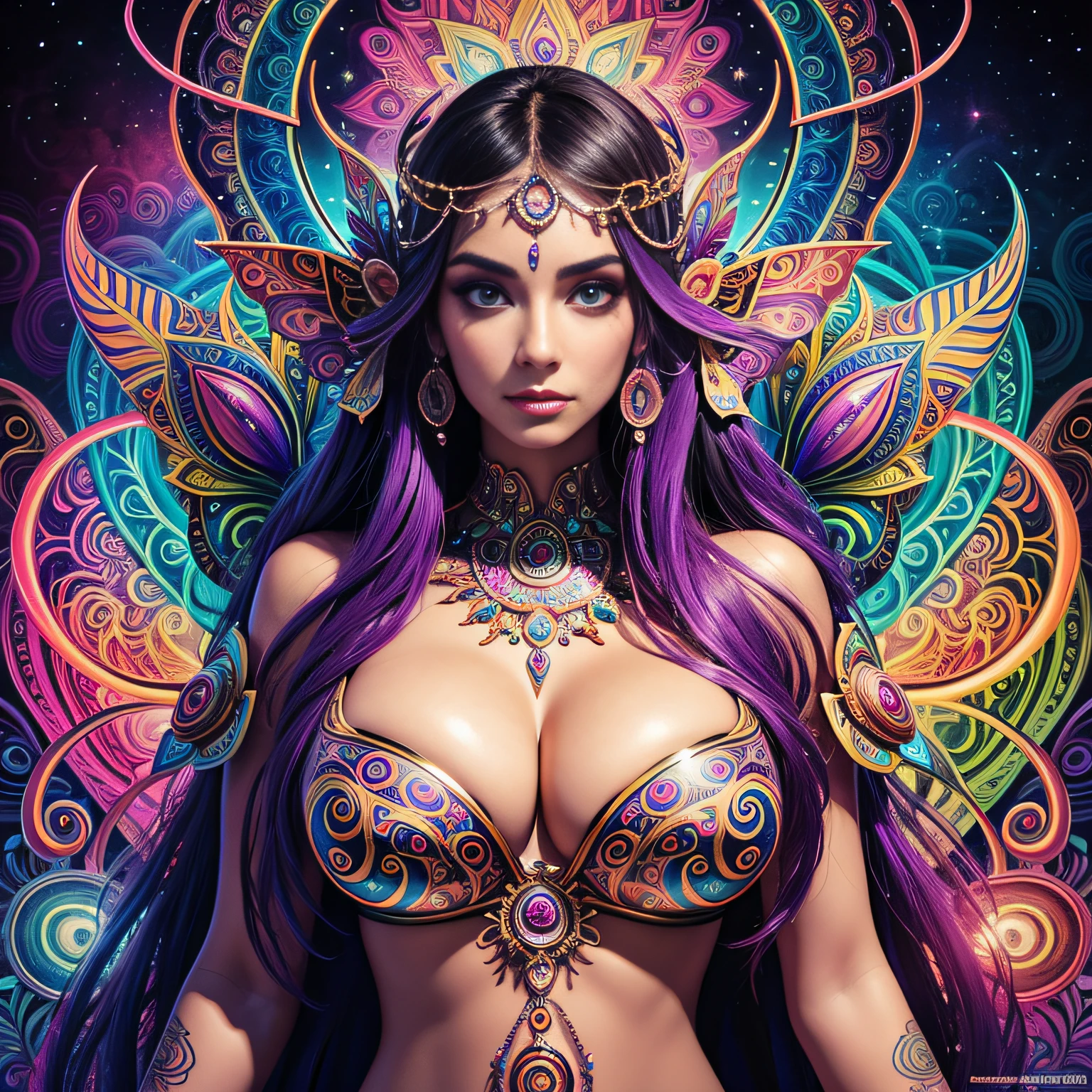 a woman with a large breast in a psychedelic painting, psychedelic goddess, dmt art, dmt goddess, visionary art style, psychedelic art style, 3 d goddess portrait, psychedelic art nouveau, psytrance artwork, psychedelic digital art, digital visionary art, psychedelic art, psychedelic surreal art, psychedelic artwork, highly intricate in technicolor, hyper - detailed visionary art, glowing, sparkles
