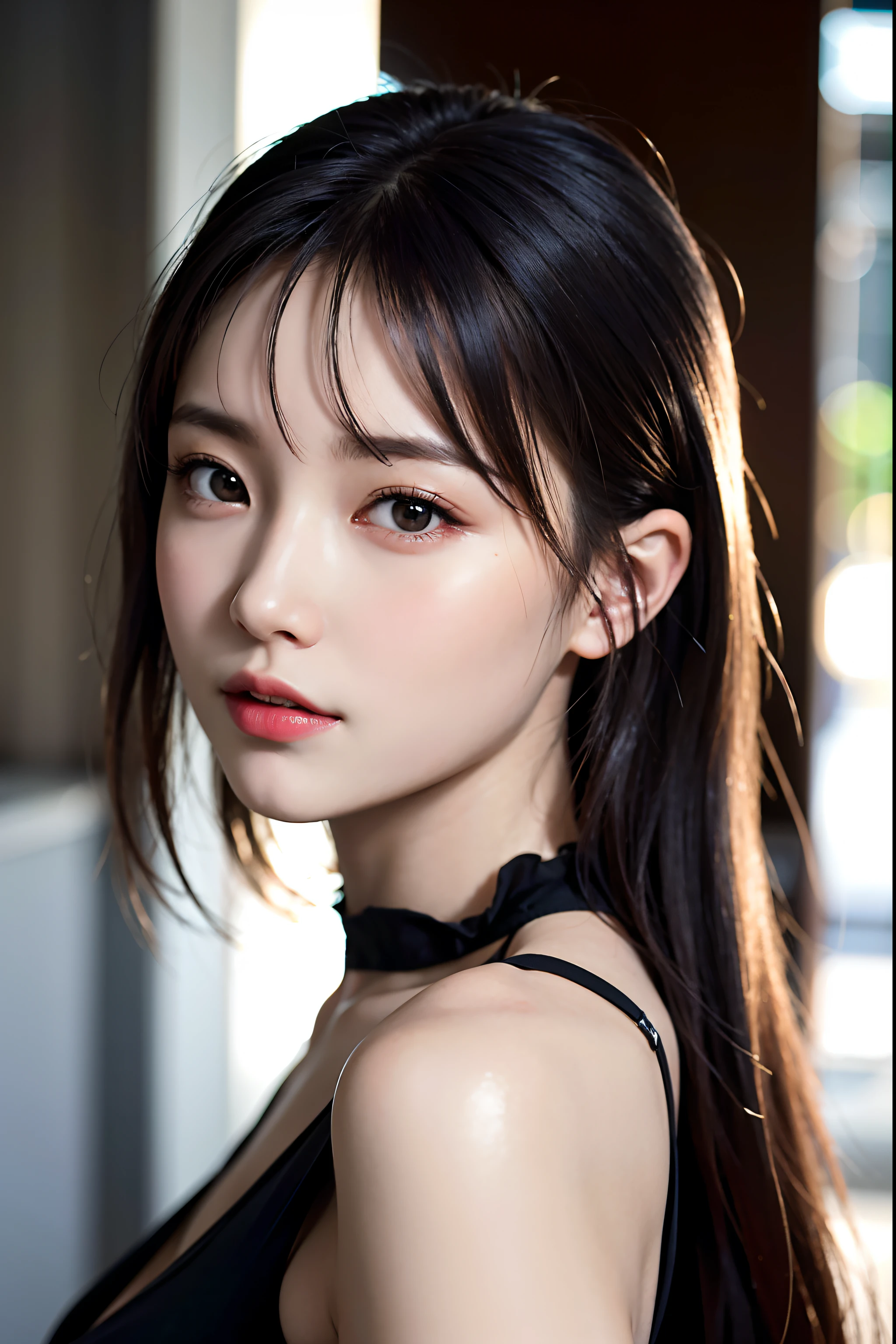 ((mid hair))), high high quality, 8K, hdr, A high resolution, absurderes: 1.2, photography of, (RAW photogr: 1.2), (realisticlying: 1.4), (tmasterpiece: 1.3), (complexdetails: 1.2), 1 rapariga,16yo girl, 独奏, ChineseGirl, Delicate and beautiful details, (Detailed eyes), (detailedfacialfeatures), (Large breasts))), Toned skin, ( Looking_at_peeping at the viewer), From_Front, (being thin), (best qualtiy: 1.4), (hyper HD: 1.2), cinematic ligh, (Extreme detail illustration), (Gloss on lips,best qualtiy,超A high resolution,depth of fields,Caustics,Wide light illumination,naturalshadow,85mm,f / 1.4,iso 200,1/160 sec:0.75),1个Giant Breast Girl,独奏,((blue tanktop)))ssmile,校服,choker necklace,Black neat and clean clothes,(jiayi:1.5), closeup cleavage, tmasterpiece, best qualtiy, RAW photogr, realisticlying, the face, Incredibly Ridiculous res, depth of fields, A high resolution, ultra - detailed, finedetail, The is very detailed, extremely detailed eyes and face, Sharp pupils, realistic pupil, tack sharp focus, cinmatic lighting