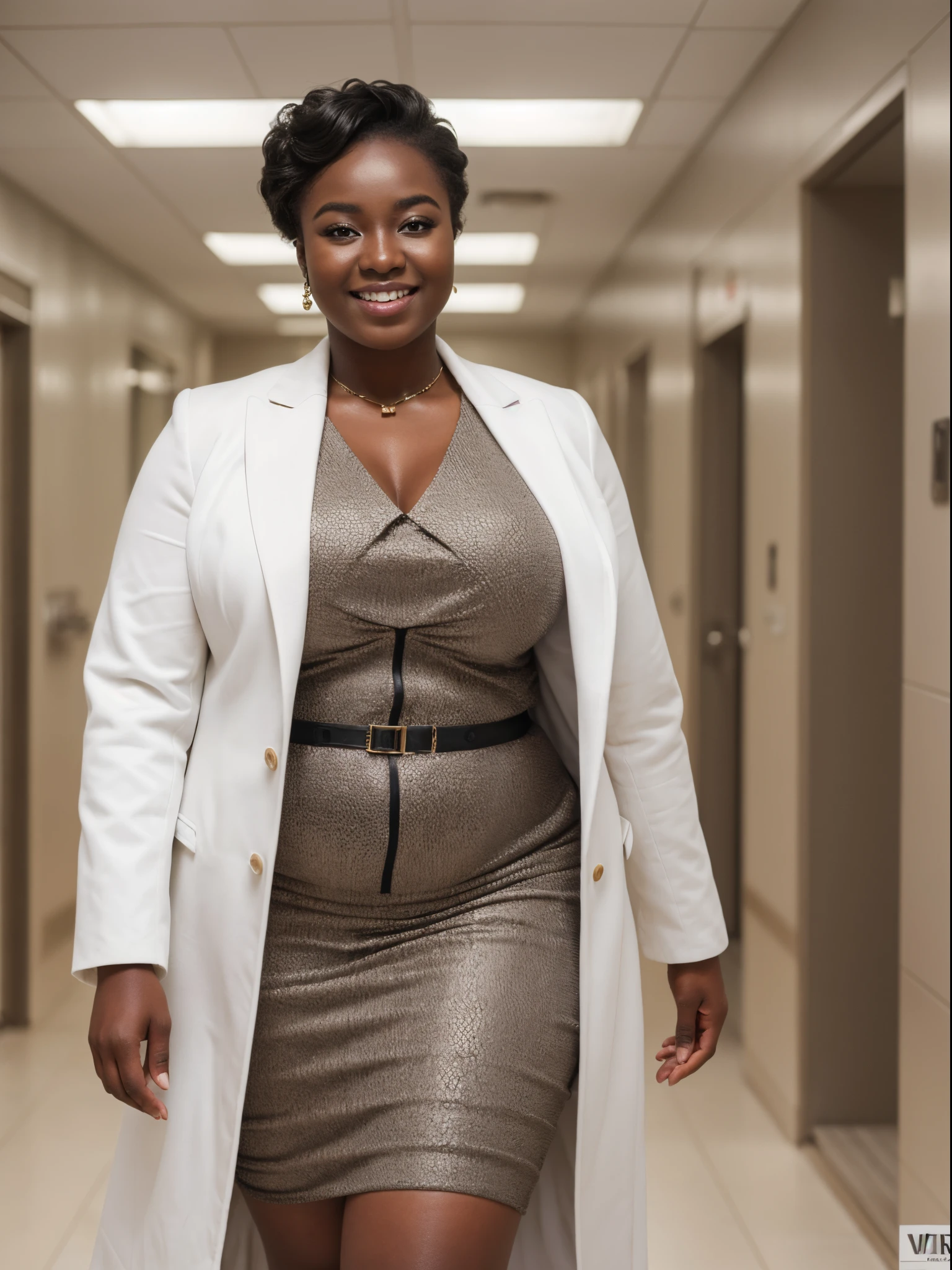 (Best quality,8k,ultra high res:1.2),(African woman,Fat body),(Black skin),(Looking at viewer),(smile),(Stright hair),(White coat, formal suit),(at hospital),(Sfw),(Full body)