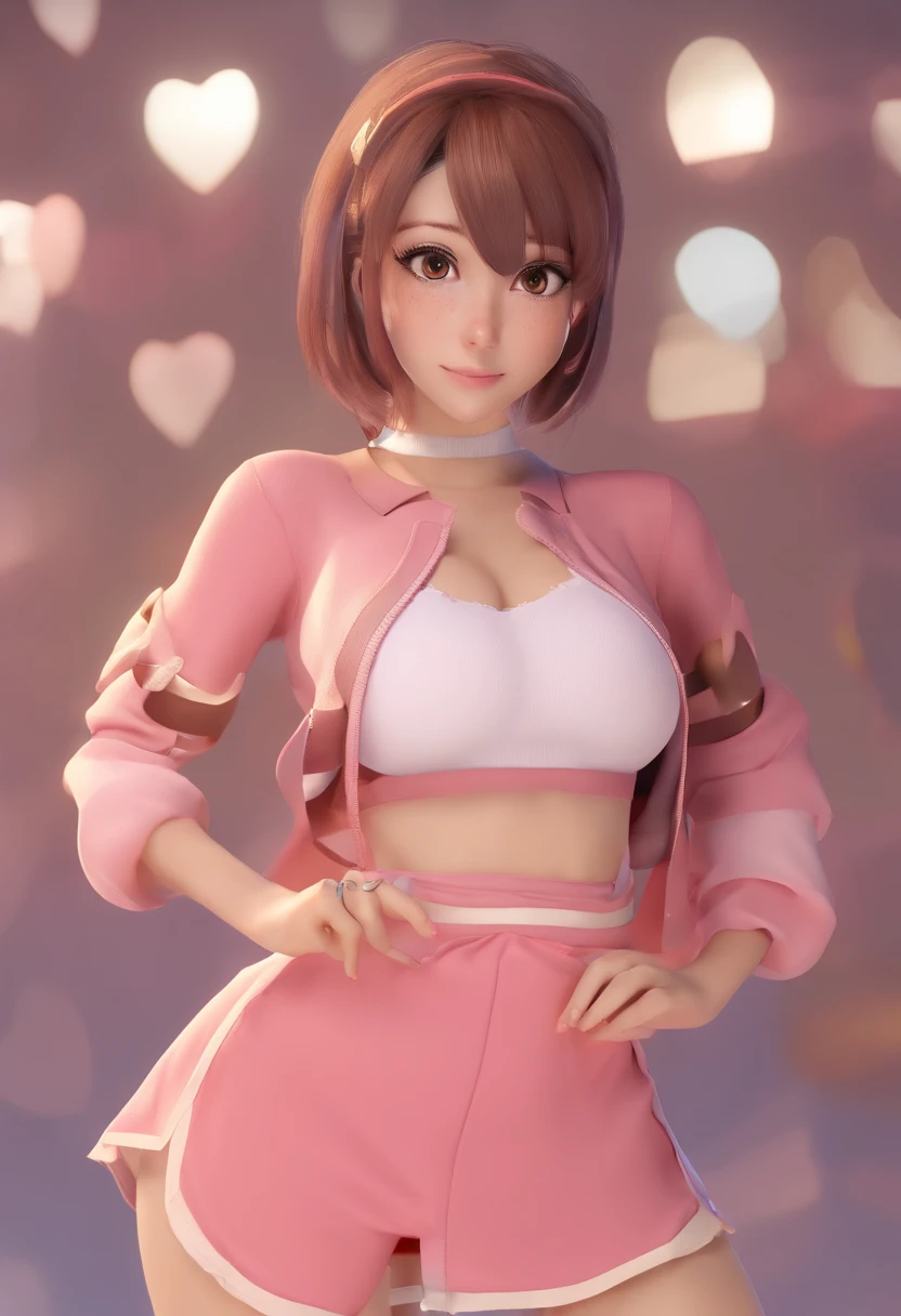 masterpiece, best quality, pretty eyes, smile, cowgirl shot, underboob sweater, pink striped panties, cut out crotch pantyhose, mini skirt, ankle boots, hands on own chest, brown hair, 1girl, medium breasts, short hair, skin tight, hair down, simple background, solo, lips, highres, open mouth, curvy