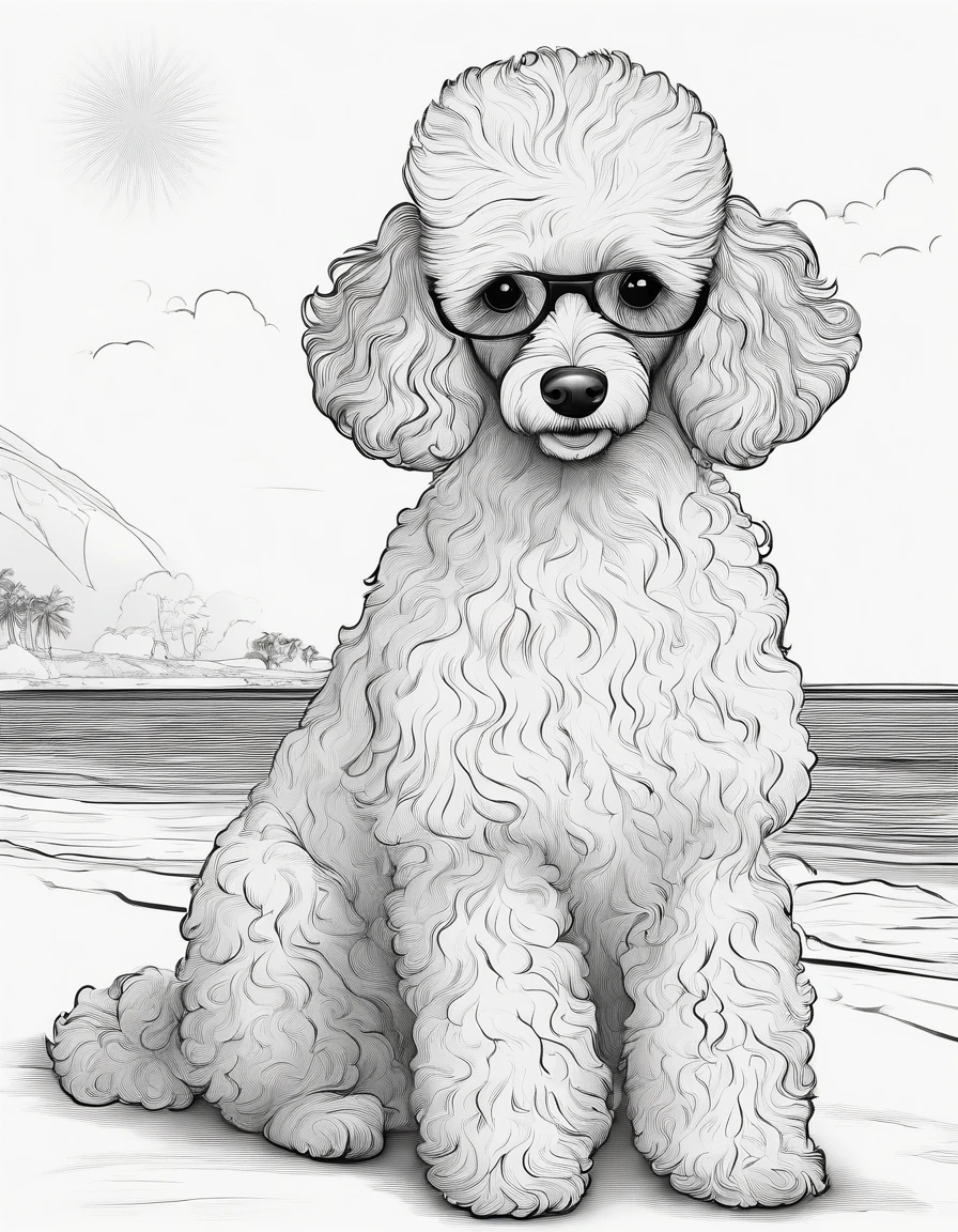 Poodle at the beach, for coloring page, high quality, black and white, no shading