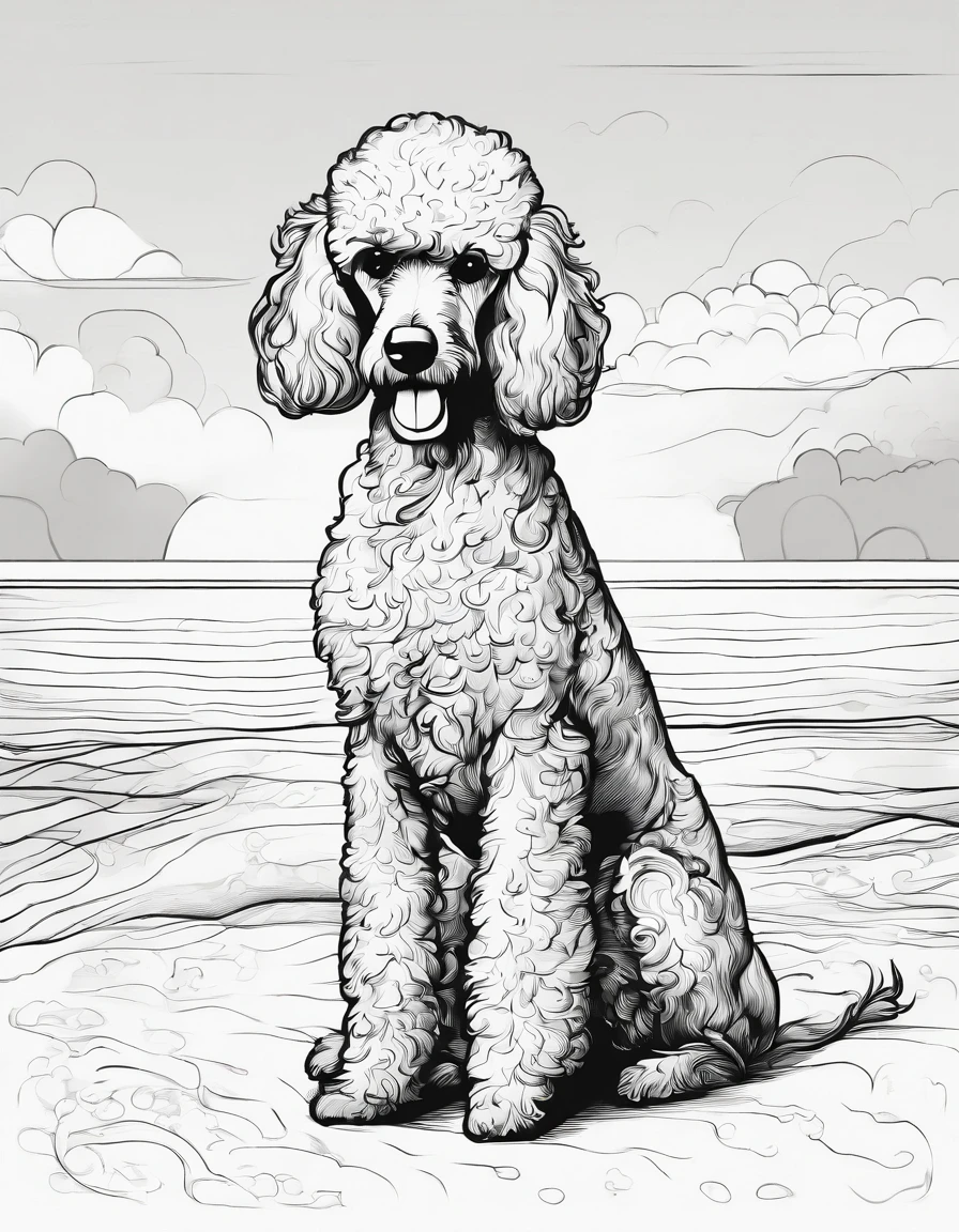 Poodle at the beach, for coloring page, high quality, black and white, no shading