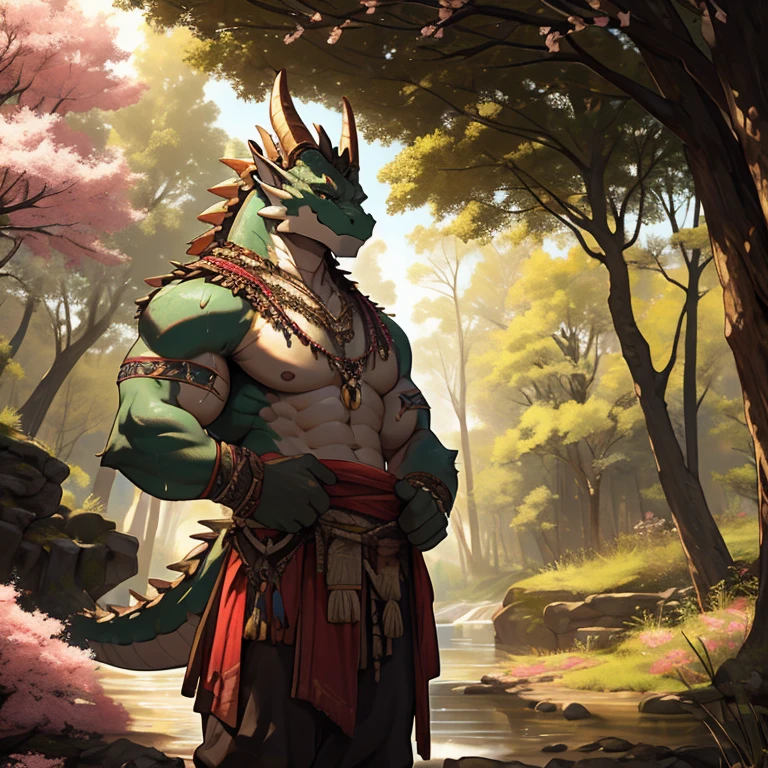 sweat drops, photography, (cool posing:1.1025), ultra realism shading, anthro, green, dragon, photorealistic, (rembrandt:1.1025), huge pecs, tribal, warrior, biceps, noble victorian attire, tiny small waist, slim hunk, sfw, in a forest, pink cherry trees on the background, white belly, tail