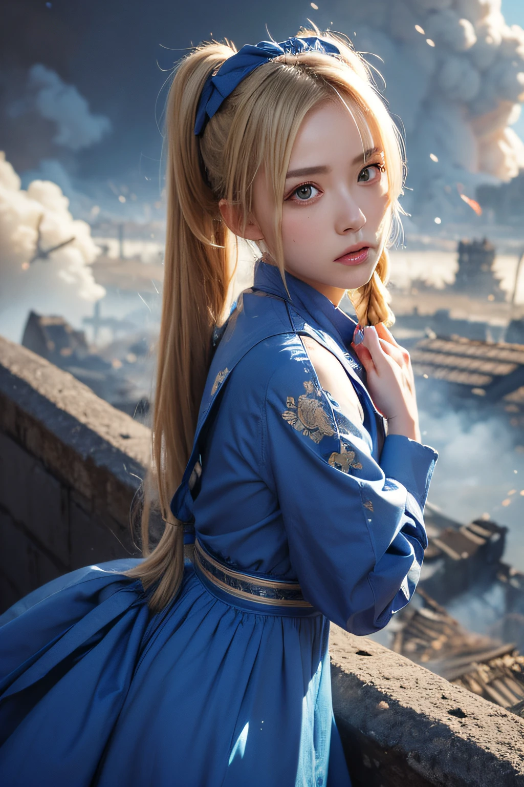 masutepiece, Best Quality, Bubbles, Blue Dress, blonde pigtails hair, Pretty Face, insanely detailed eyes, intense look, Fighting Pose, Destroyed city, Distant fire, Rising smoke,